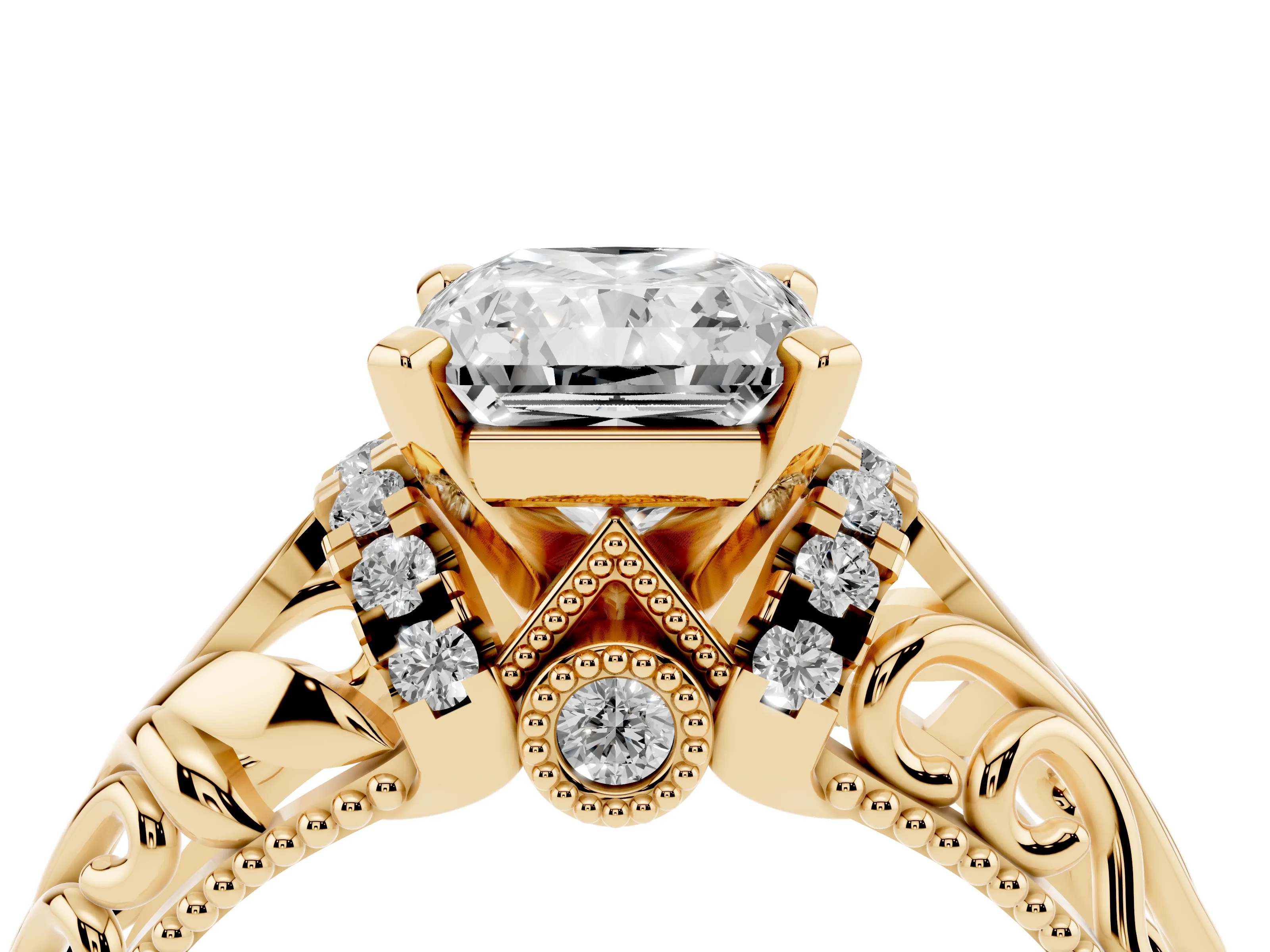 Radiant Cut Diamond Filigree Halo Engagement Ring Set in Yellow gold with Prong Setting