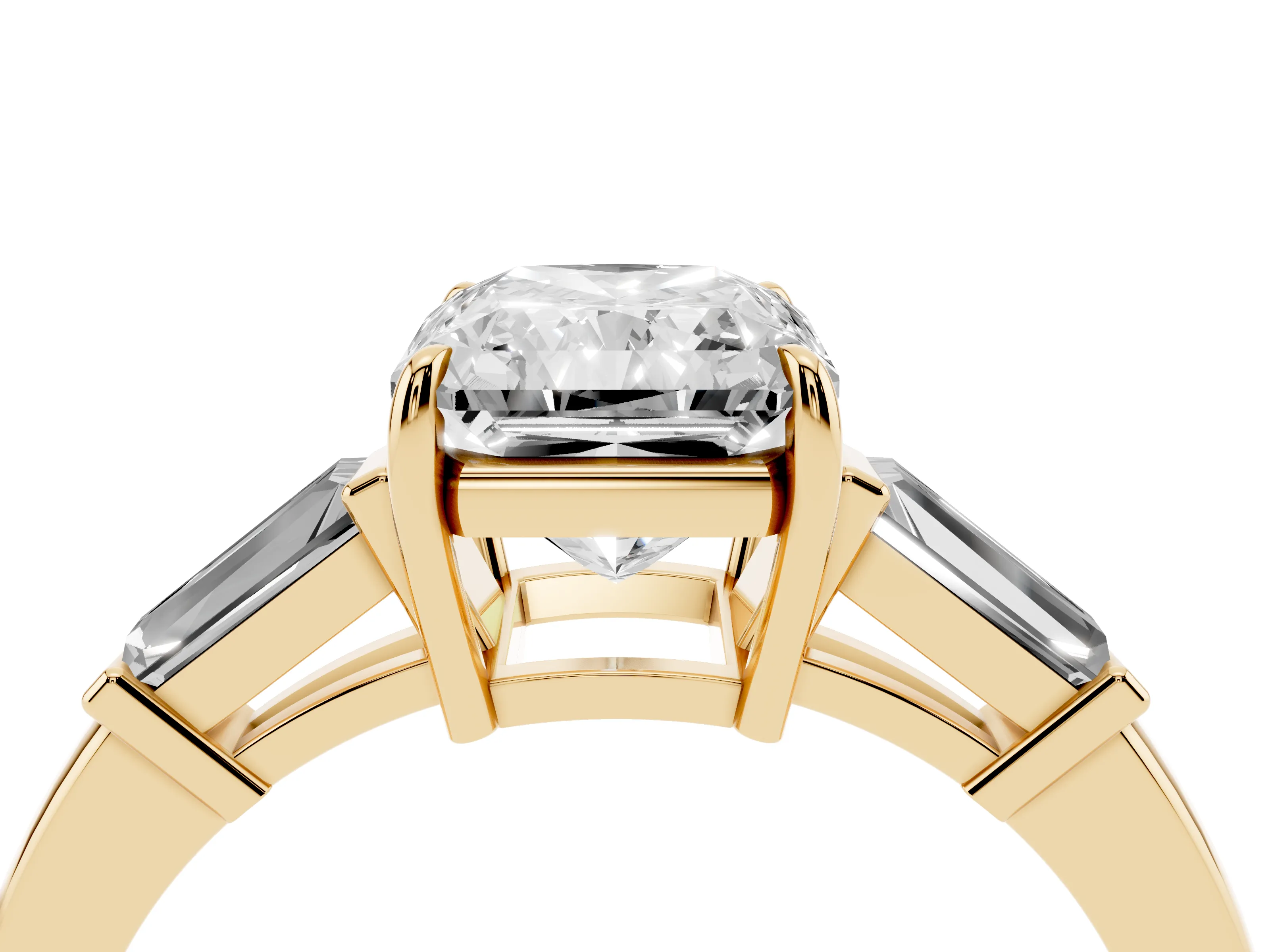 Radiant Cut Diamond Three-Stone Ring Set in Yellow gold with Tapered Baguette Side Stones and Prong Setting