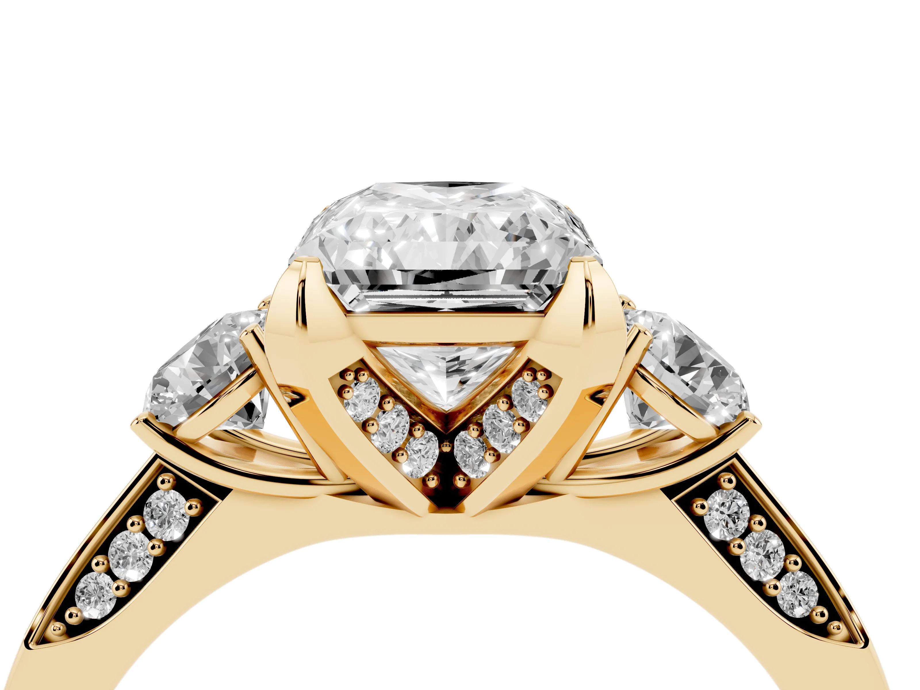 Radiant Cut Diamond Three-Stone Ring Set in Yellow gold with Pavé Band and Smaller Side Stones