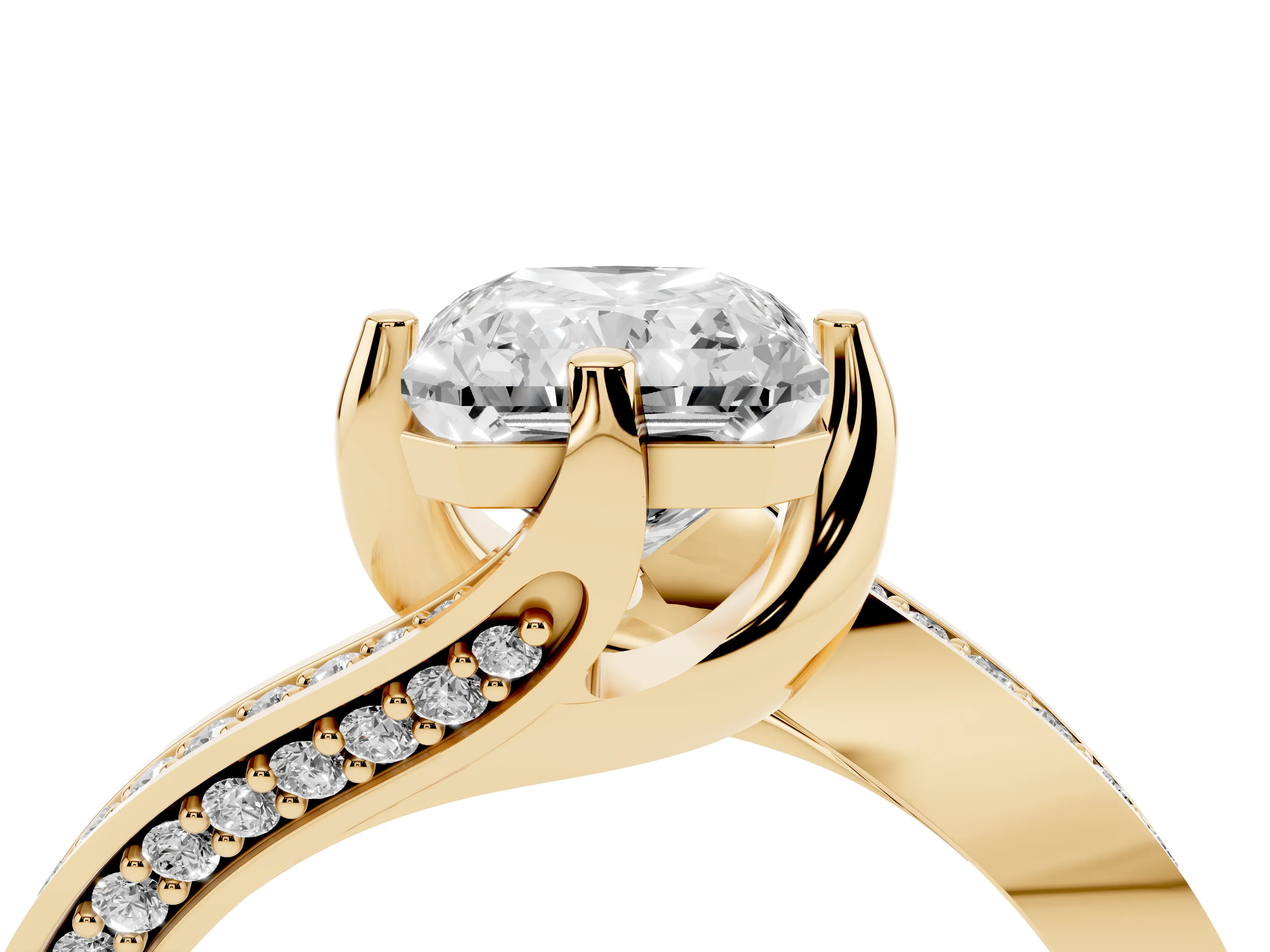 Radiant Cut Diamond Solitaire Ring Set in Yellow gold with Intertwined Pavé Twist Band