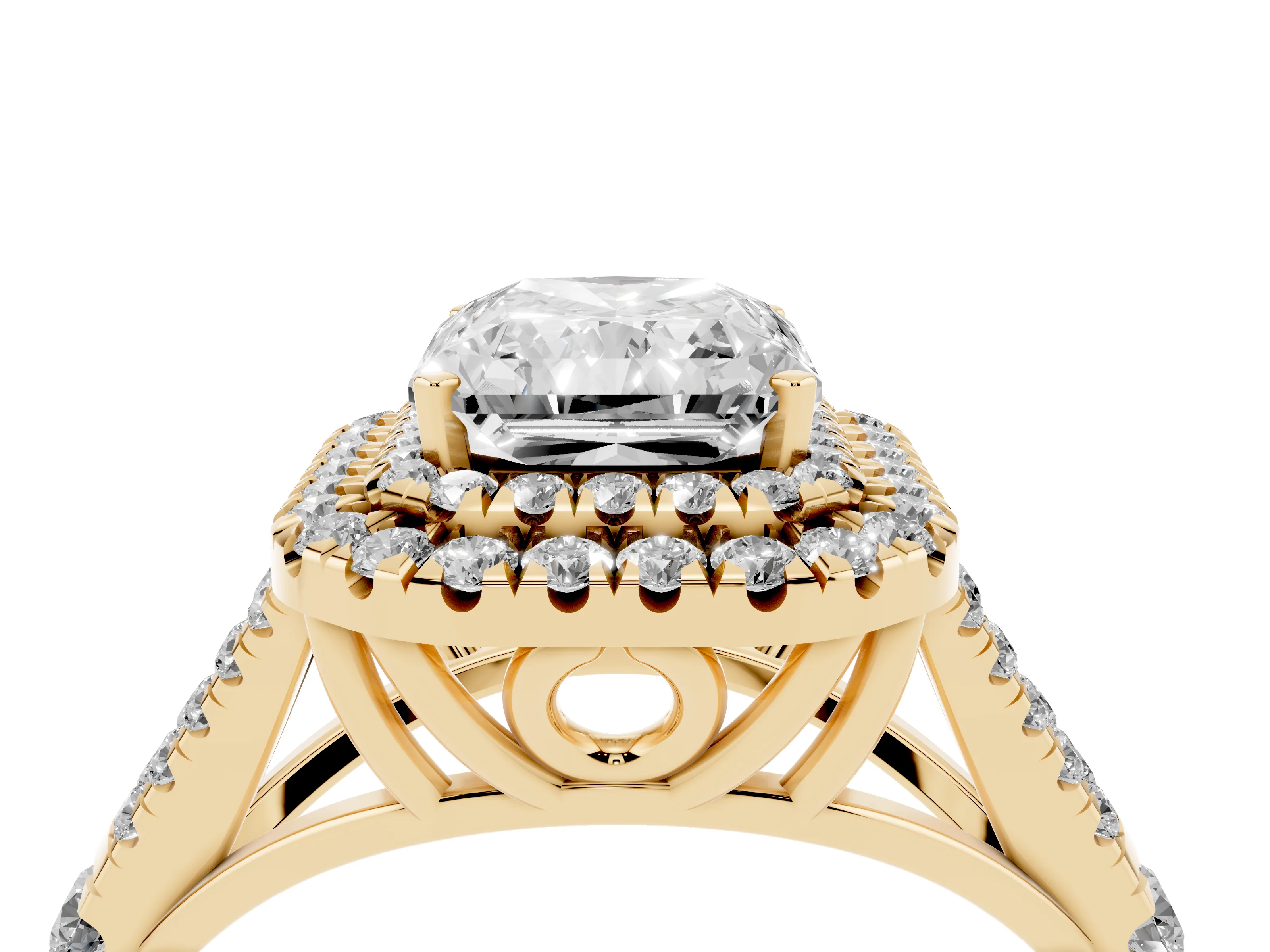 Radiant Cut Diamond Pavé Split Shank Double Halo Engagement Ring Set in Yellow gold