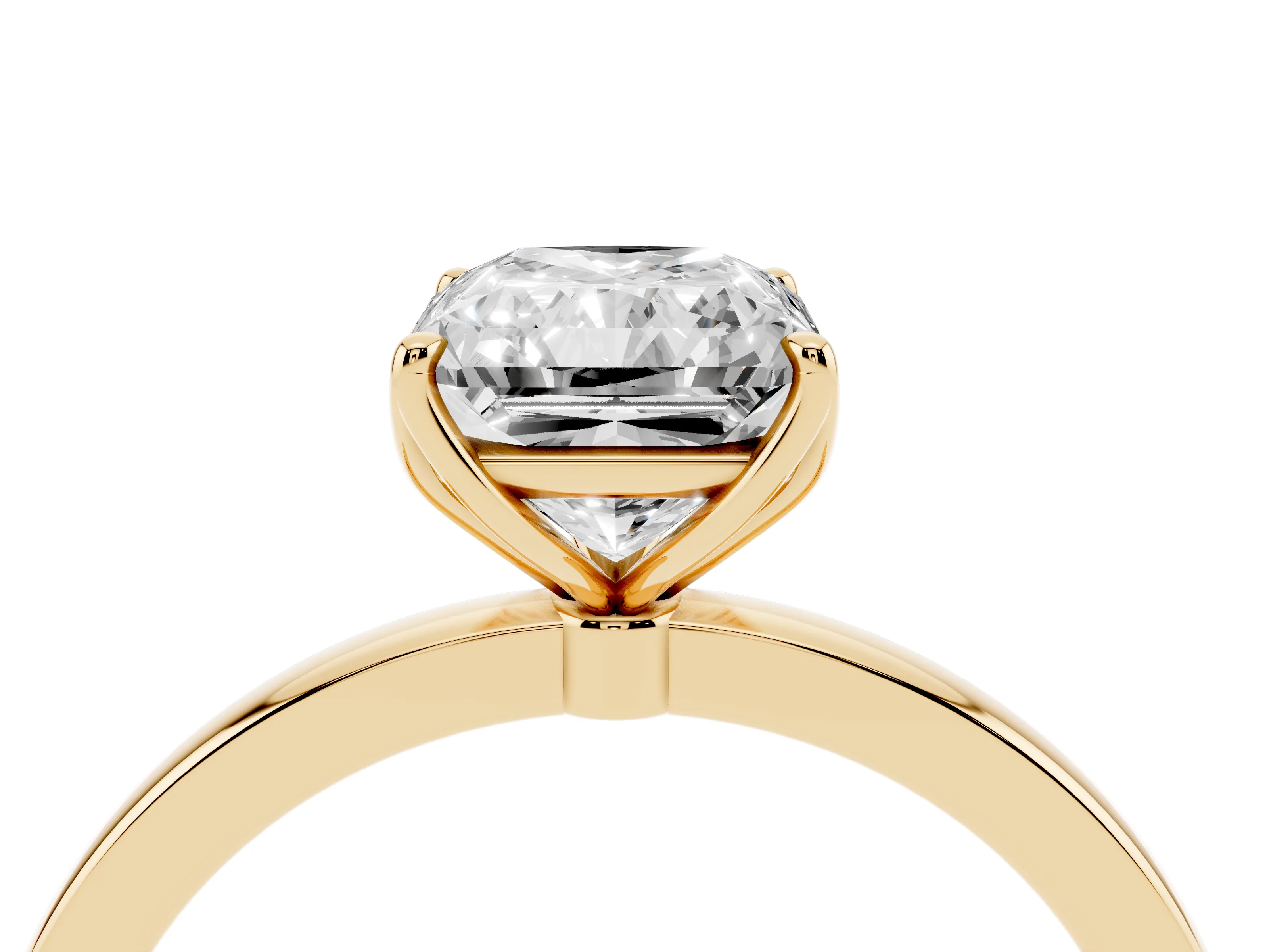 Radiant Cut Diamond Solitaire Ring Set in Yellow gold with Prong Setting and Thin Polished Band