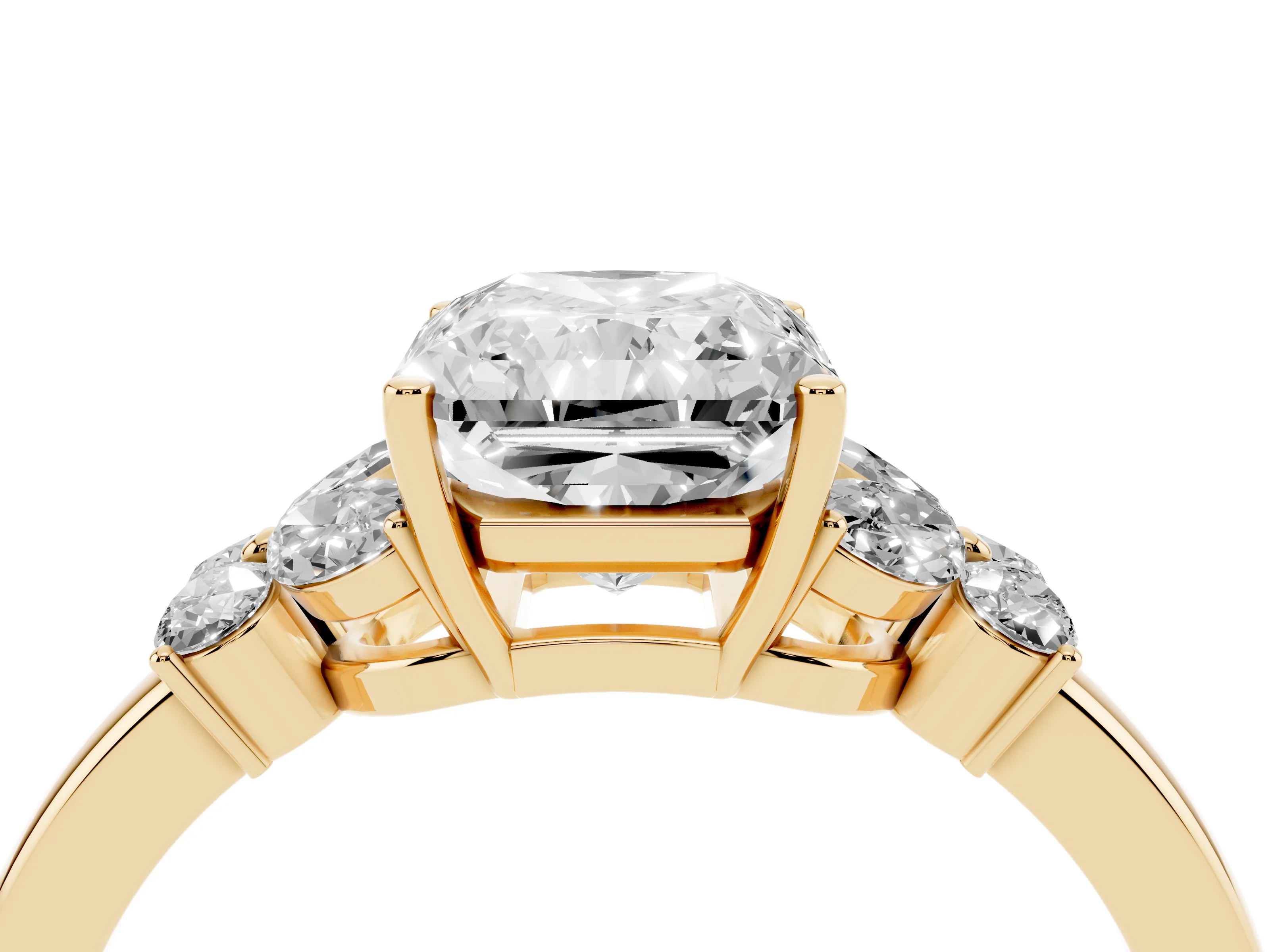 Radiant Cut Diamond Solitaire Floral Ring Set in Yellow gold with Marquise Petals and Prong Setting