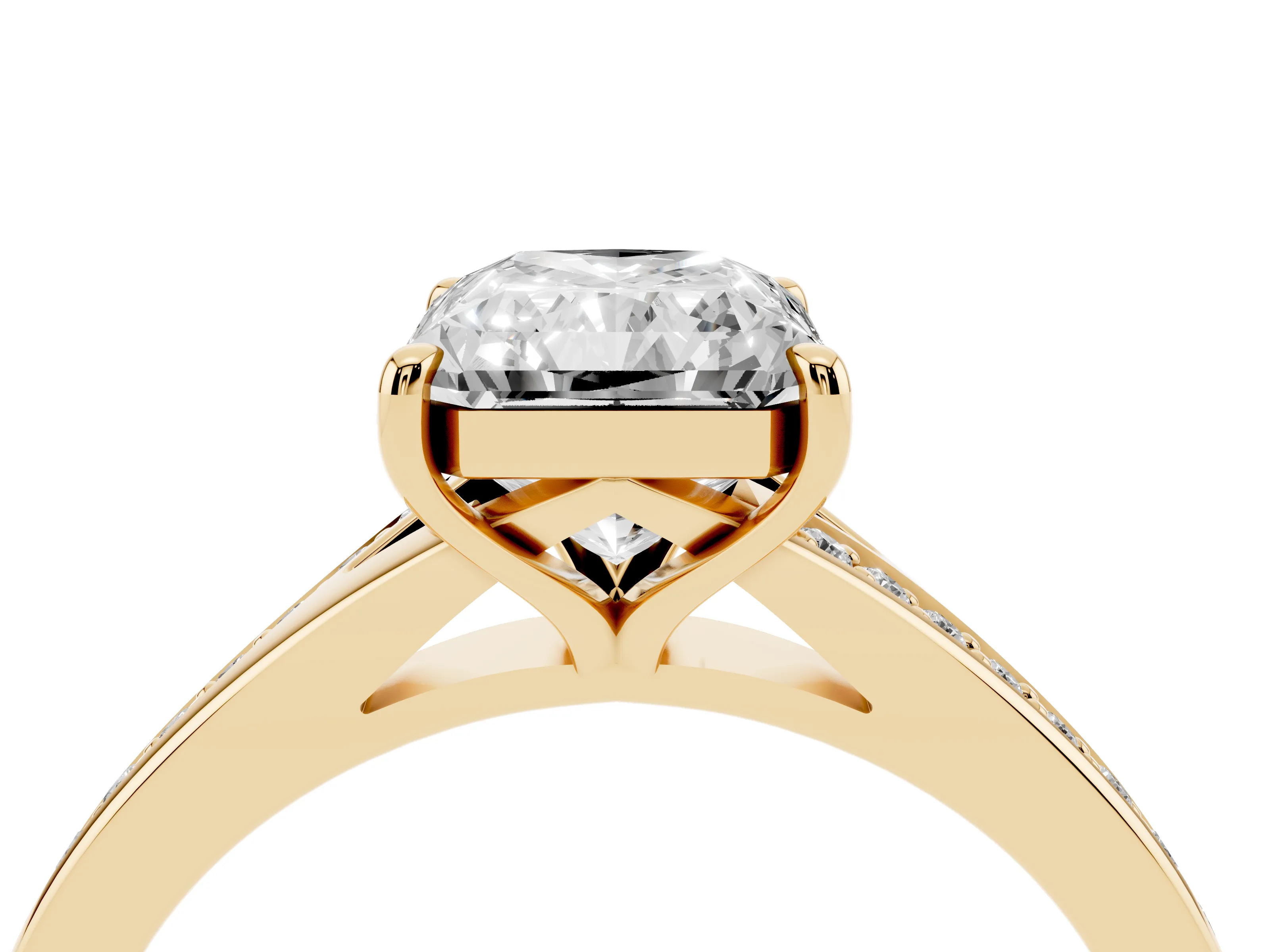 Radiant Cut Diamond Solitaire Ring Set in Yellow gold with Pavé Accent Band and Classic Prong Setting