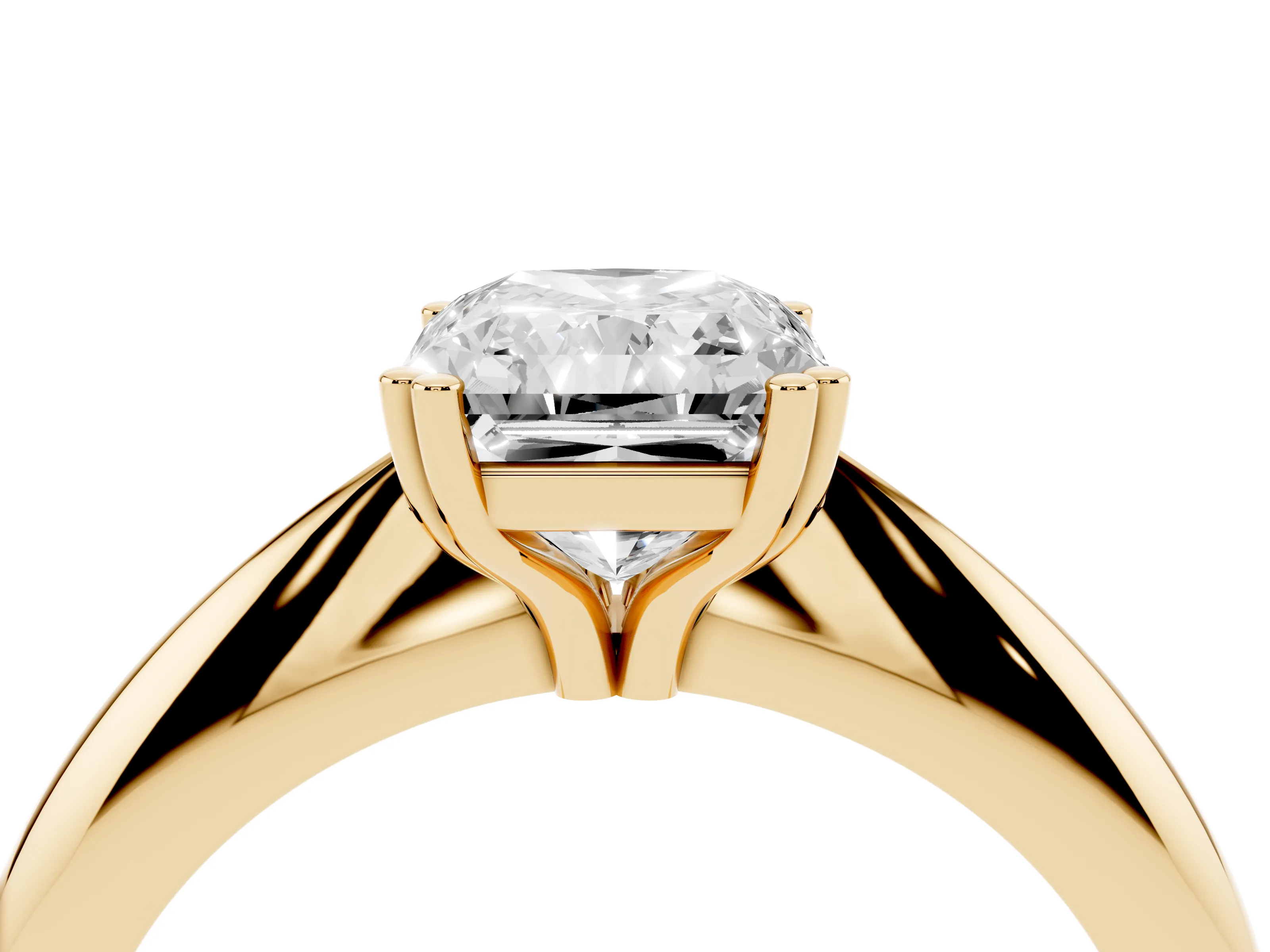 Radiant Cut Diamond Solitaire Engagement Ring Set in Yellow gold with Tapered Band and Prong Setting
