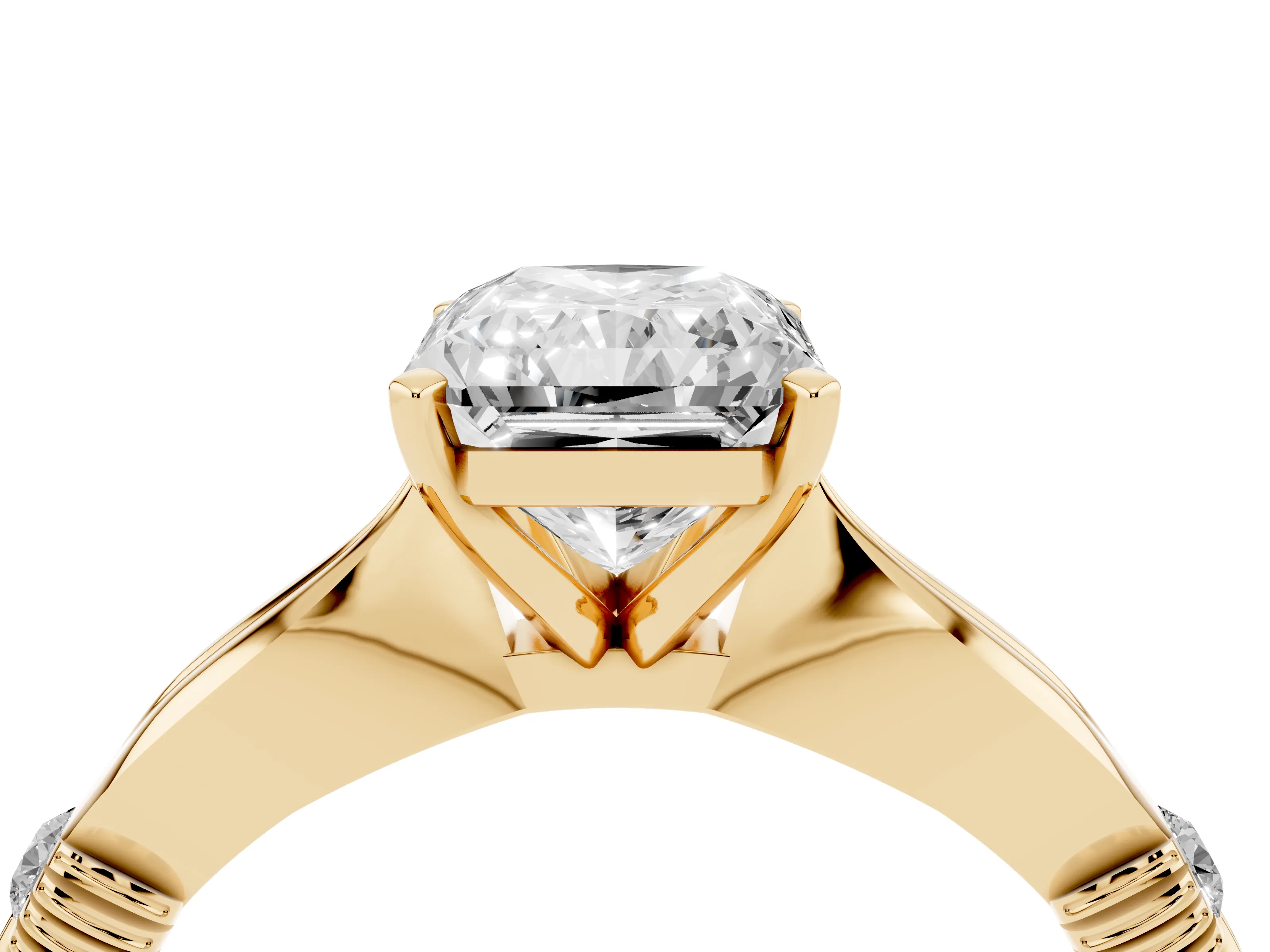 Radiant Cut Diamond Solitaire Twisted Band Ring Set in Yellow gold with Accent Stones and Prong Setting