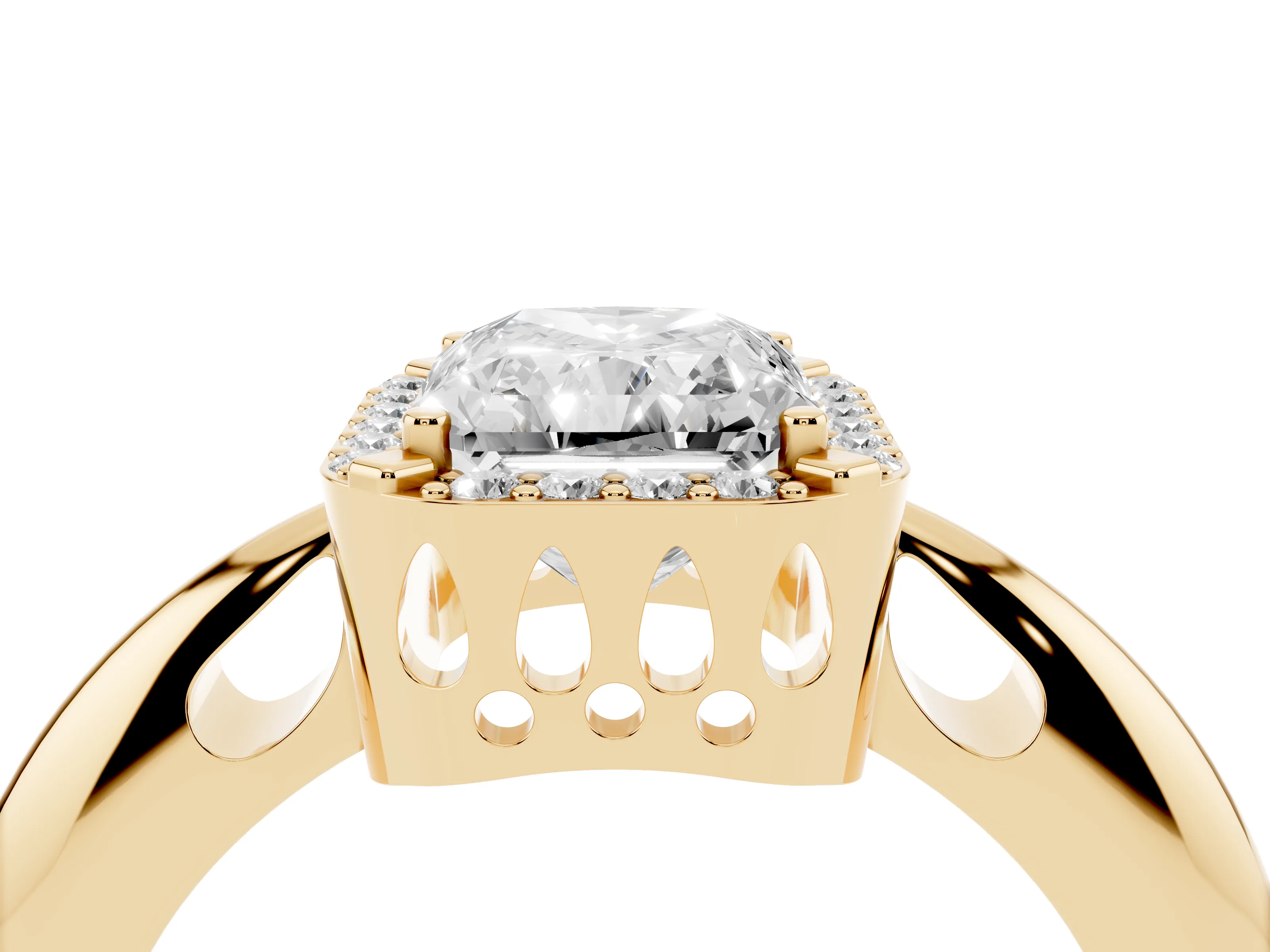 Radiant Cut Diamond Halo Engagement Ring Set in Yellow gold with Plain Split Shank and Prong Setting
