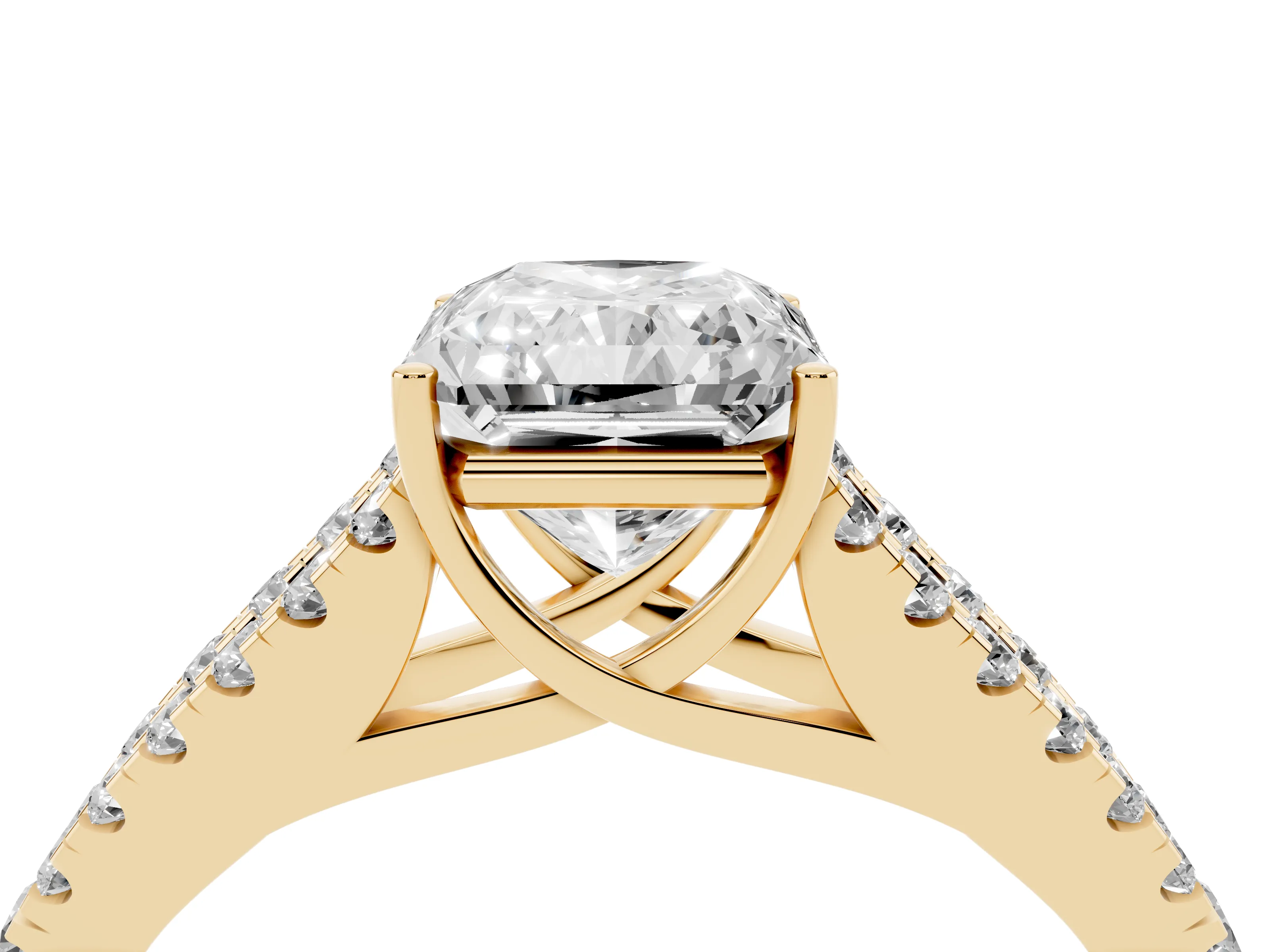 Radiant Cut Diamond Split Shank Pavé Engagement Ring Set in Yellow gold with Prong-Held Center Stone