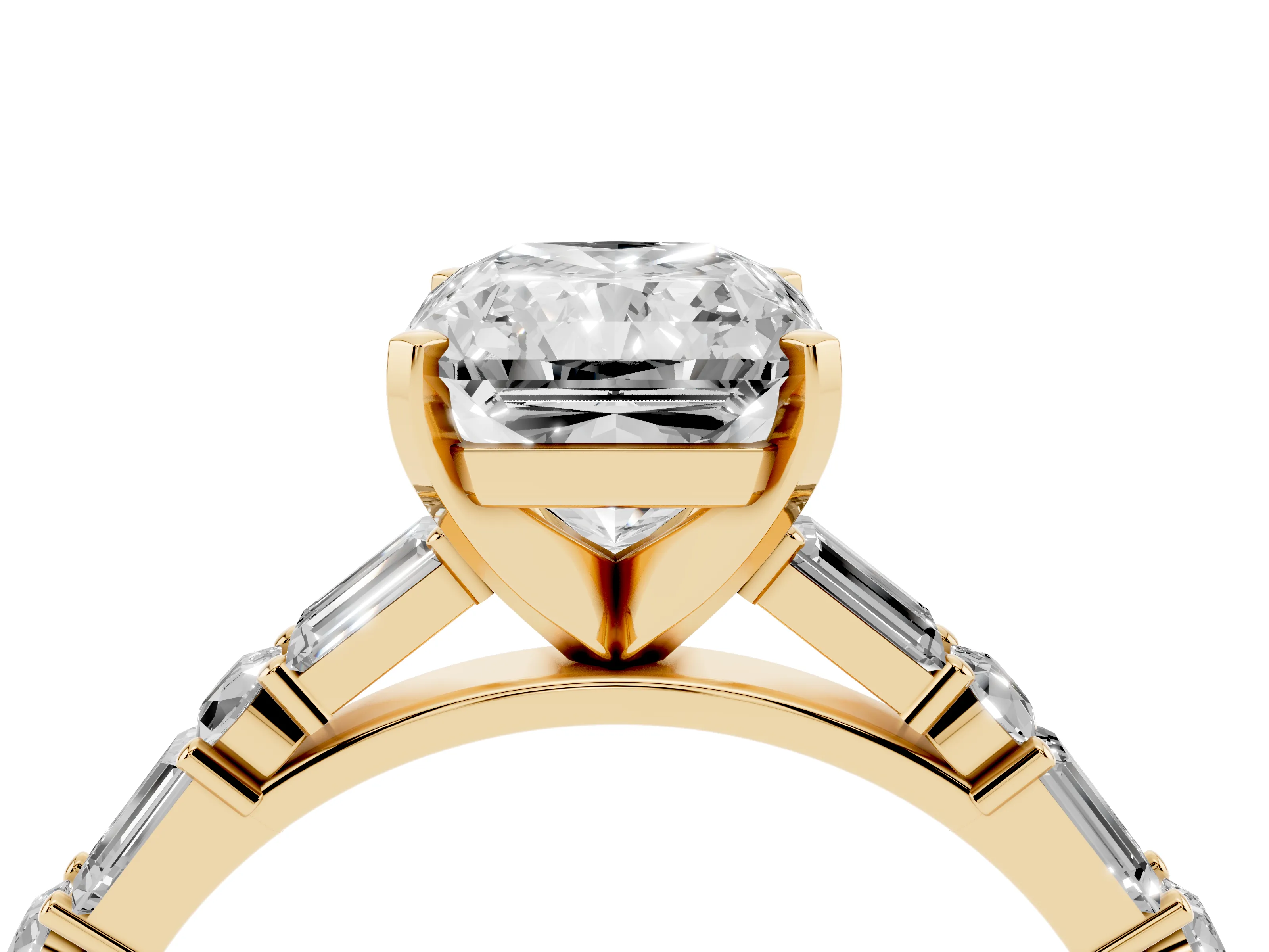 Radiant Cut Diamond Solitaire Set in Yellow gold with Side Baguettes and Channel Set Band
