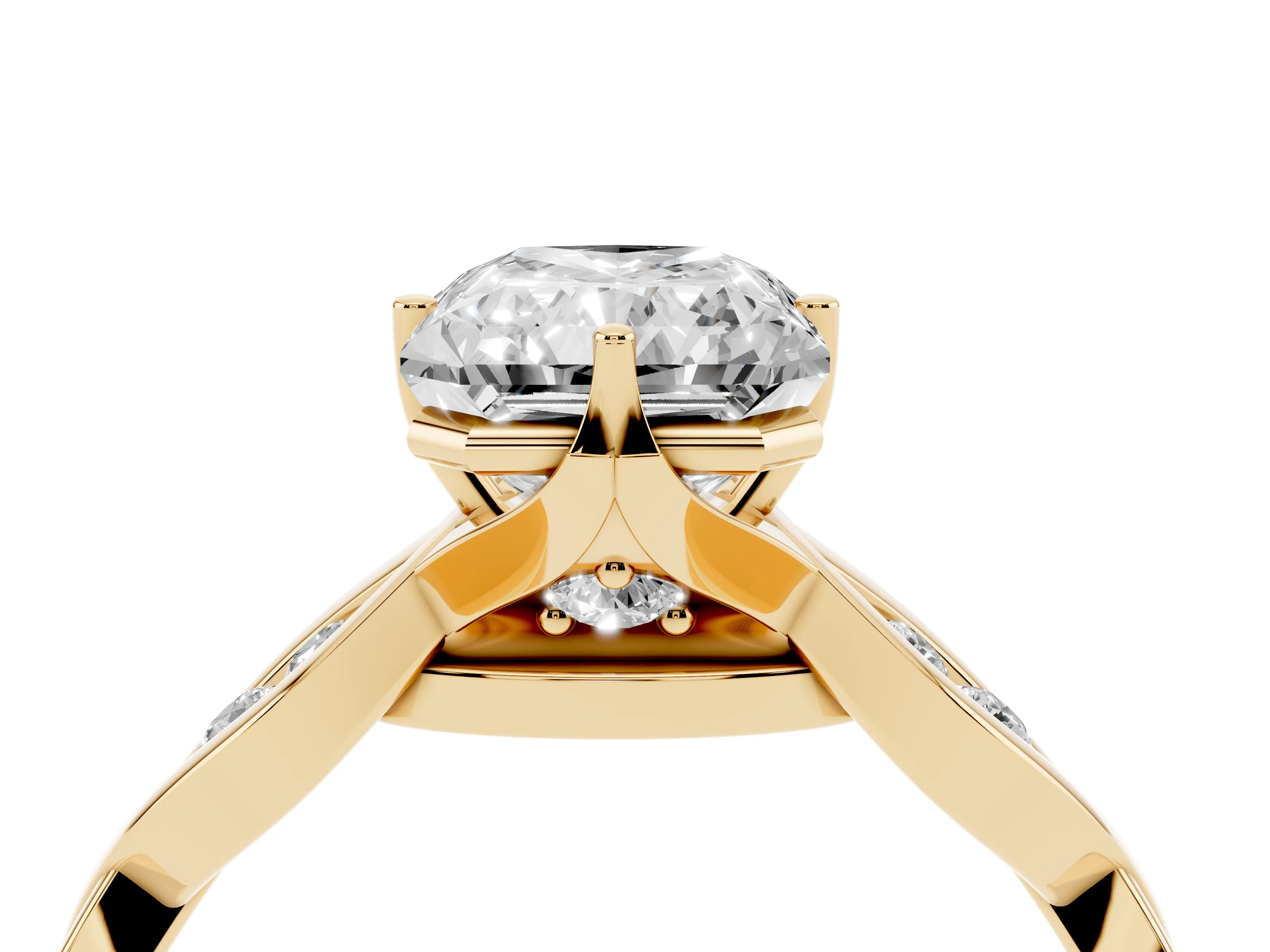 Radiant Cut Diamond Twist Band Solitaire Ring Set in Yellow gold with Leaf Prong Setting and Accent Stones