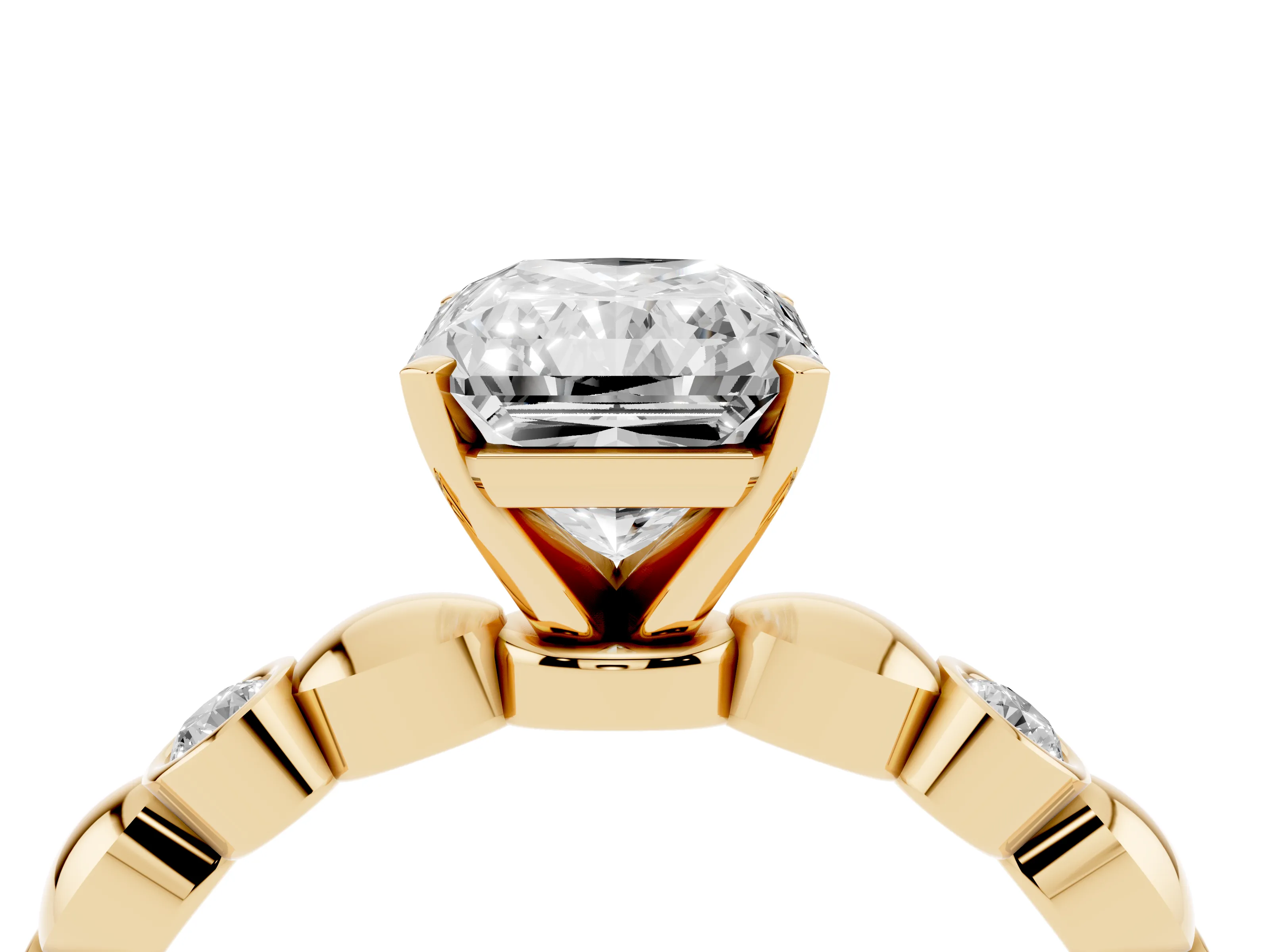 Radiant Cut Diamond Solitaire Ring Set in Yellow gold with Bezel-Set Accents on Beaded Band and Prong Setting
