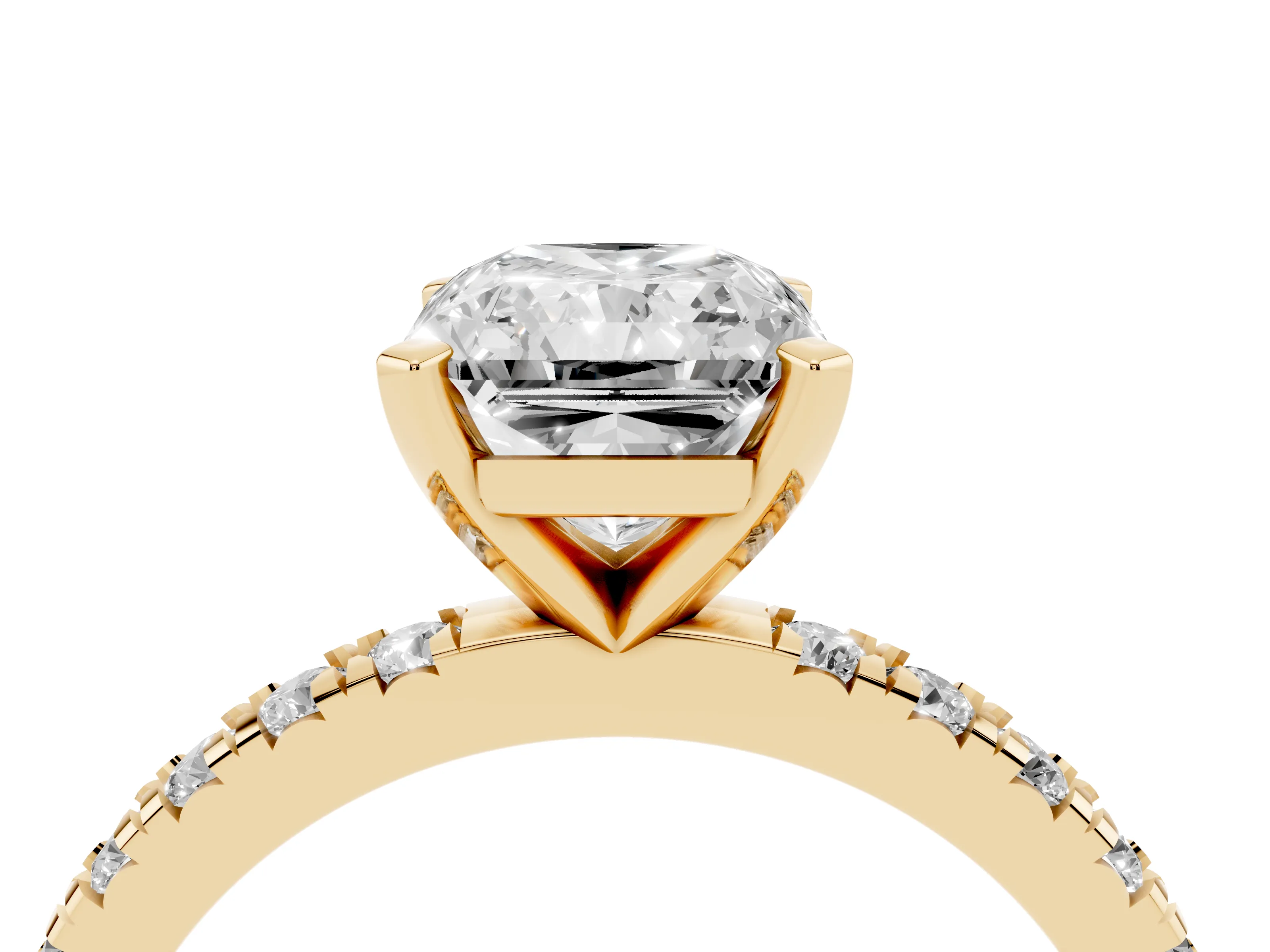Radiant Cut Diamond Pavé Band Solitaire Set in Yellow gold with Prong Setting
