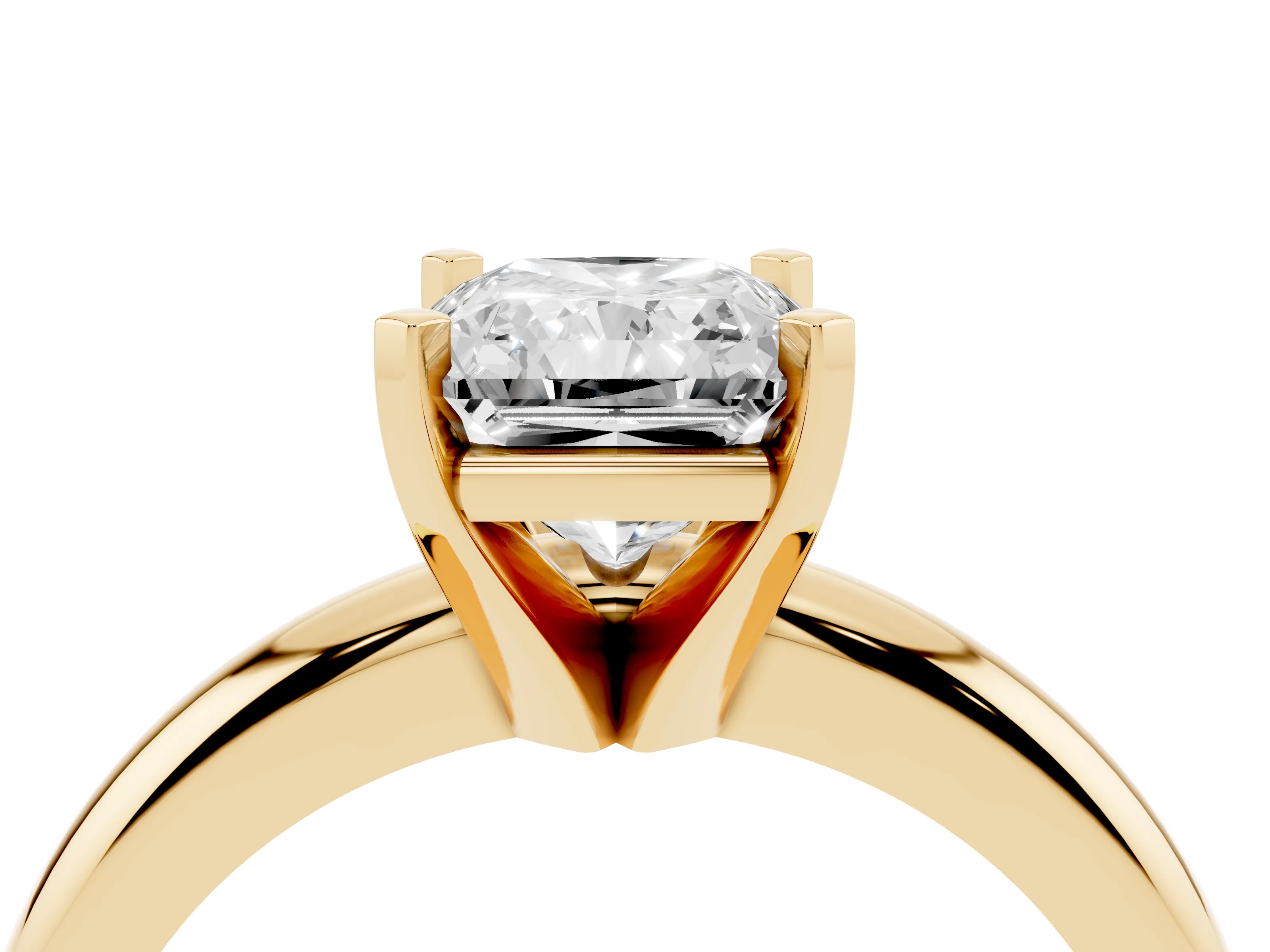 Radiant Cut Diamond Solitaire Engagement Ring Set in Yellow gold with Round Band and Prong Setting