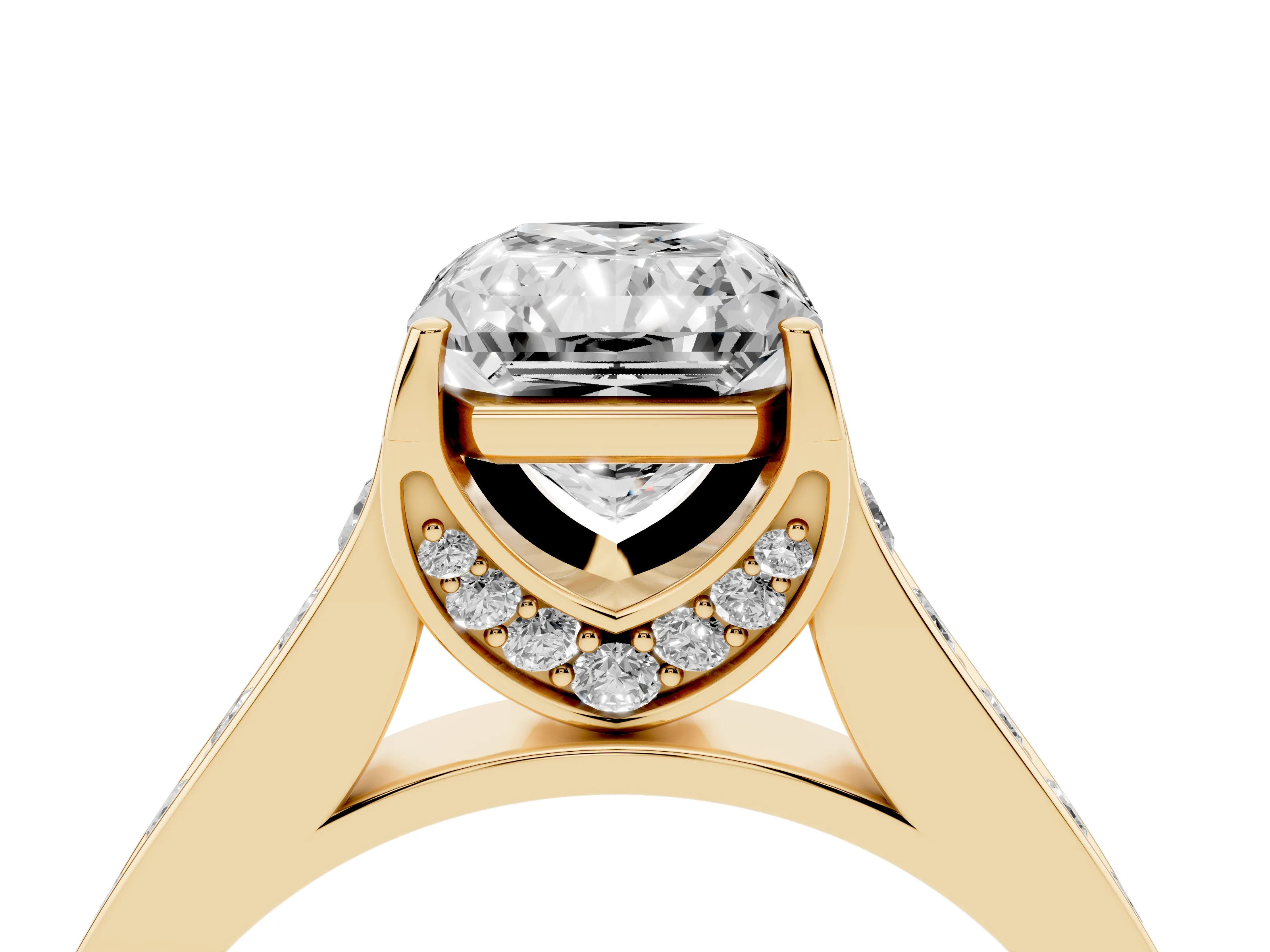 Radiant Cut Diamond Solitaire Pavé Engagement Ring Set in Yellow gold with Prong Setting