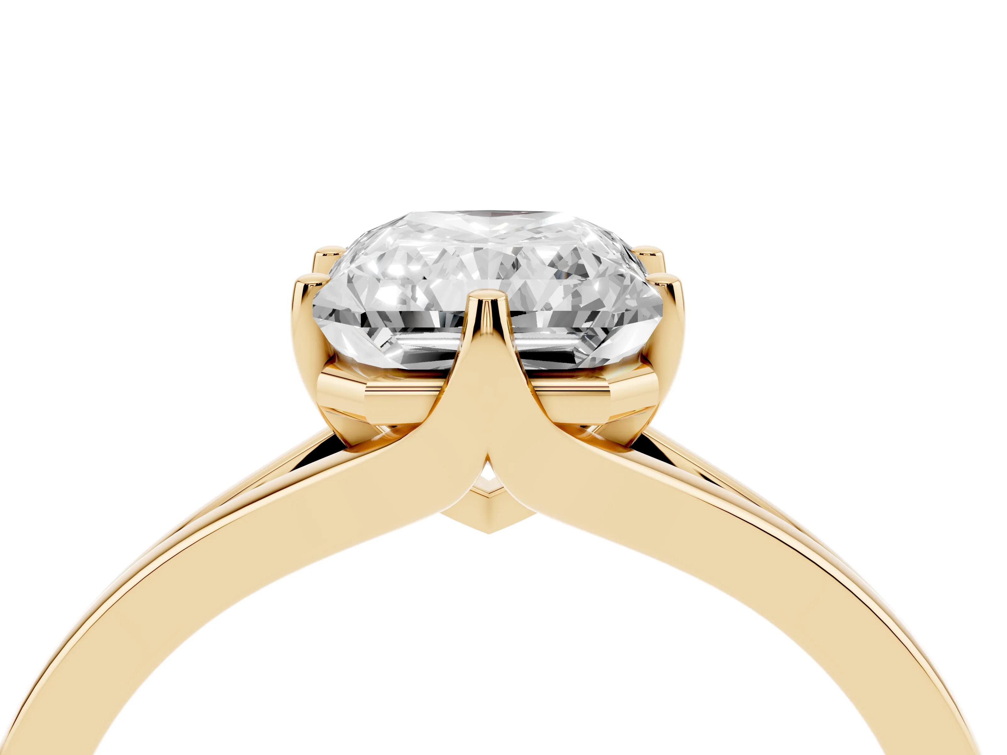 Radiant Cut Diamond Solitaire Ring Set in Yellow gold with Polished Tapered Band and Prong Setting