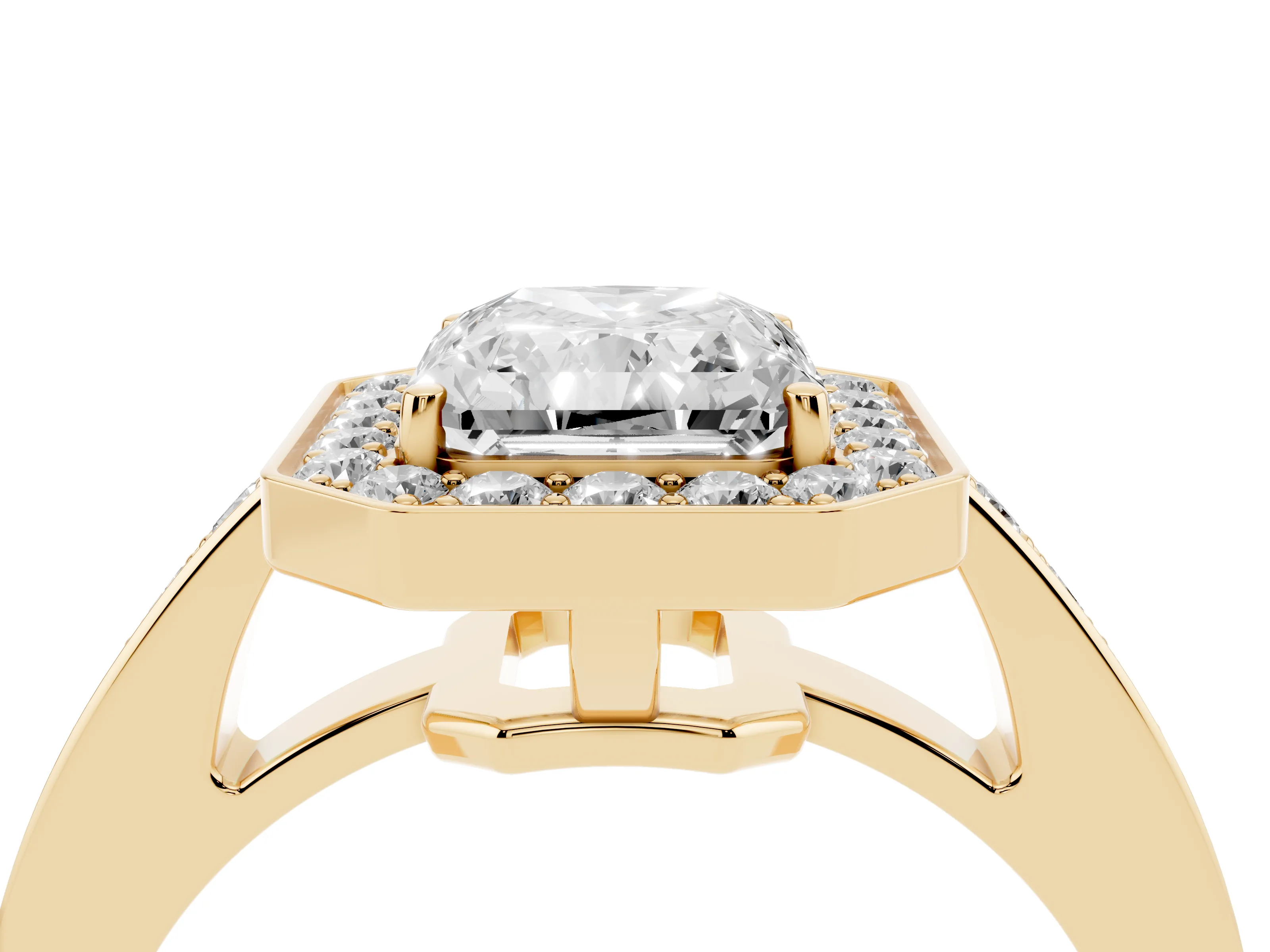 Radiant Cut Diamond Halo Pavé Engagement Ring Set in Yellow gold with Bezel Setting