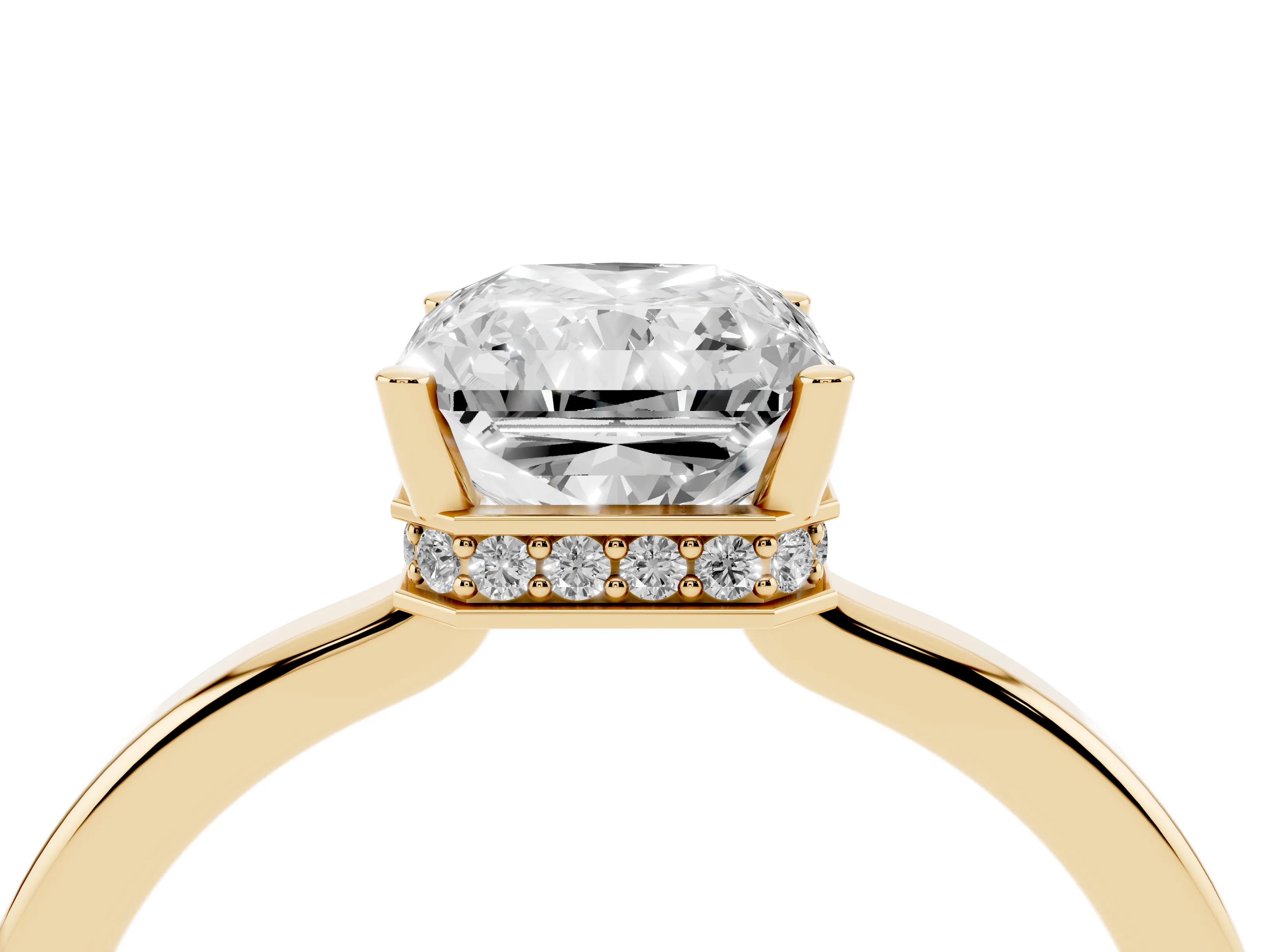 Radiant Cut Diamond Solitaire Engagement Ring Set in Yellow gold with Prong Setting on a Plain Band