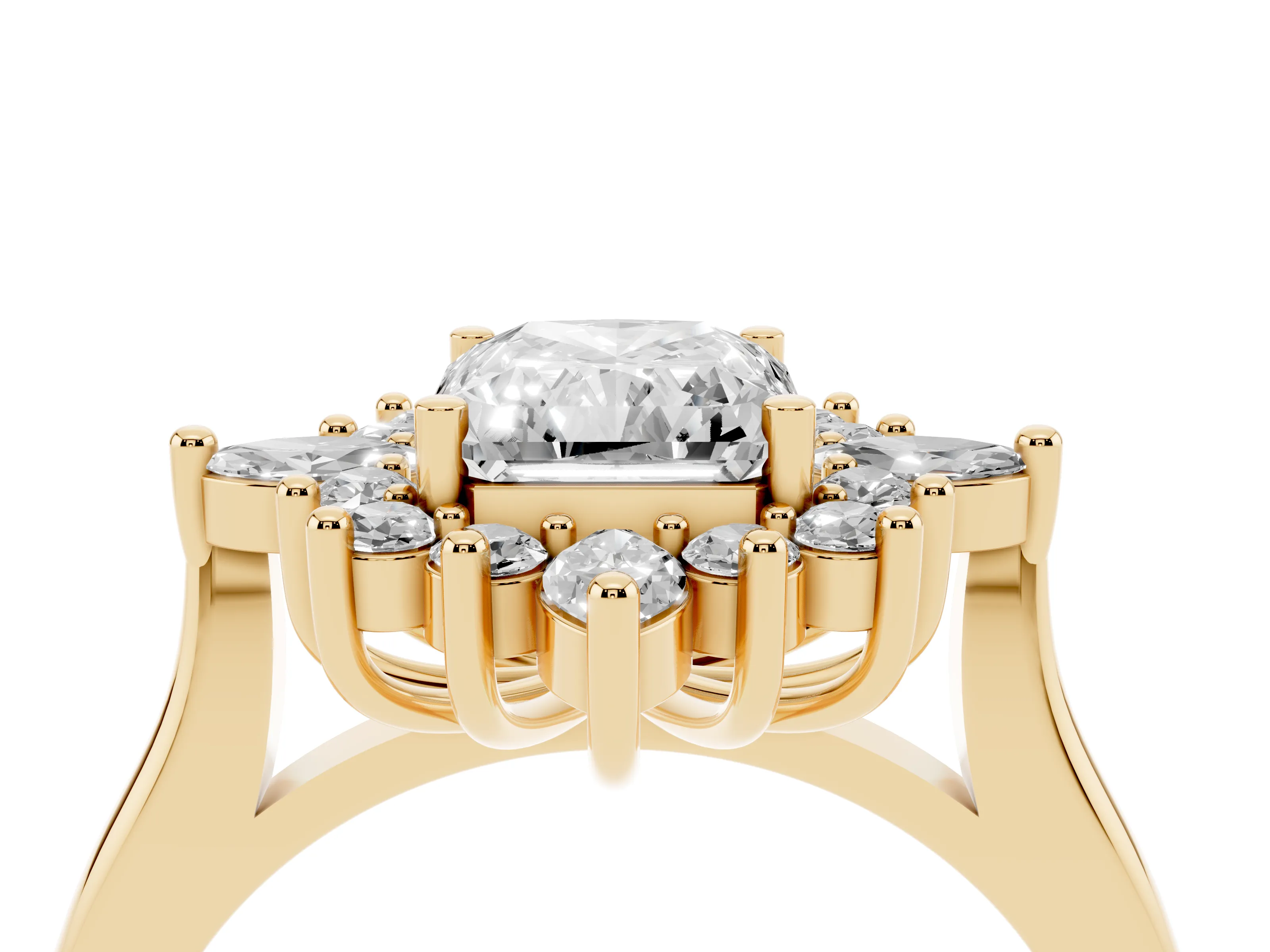 Radiant Cut Diamond Cluster Halo Ring Set in Yellow gold with Marquise and Round Accents