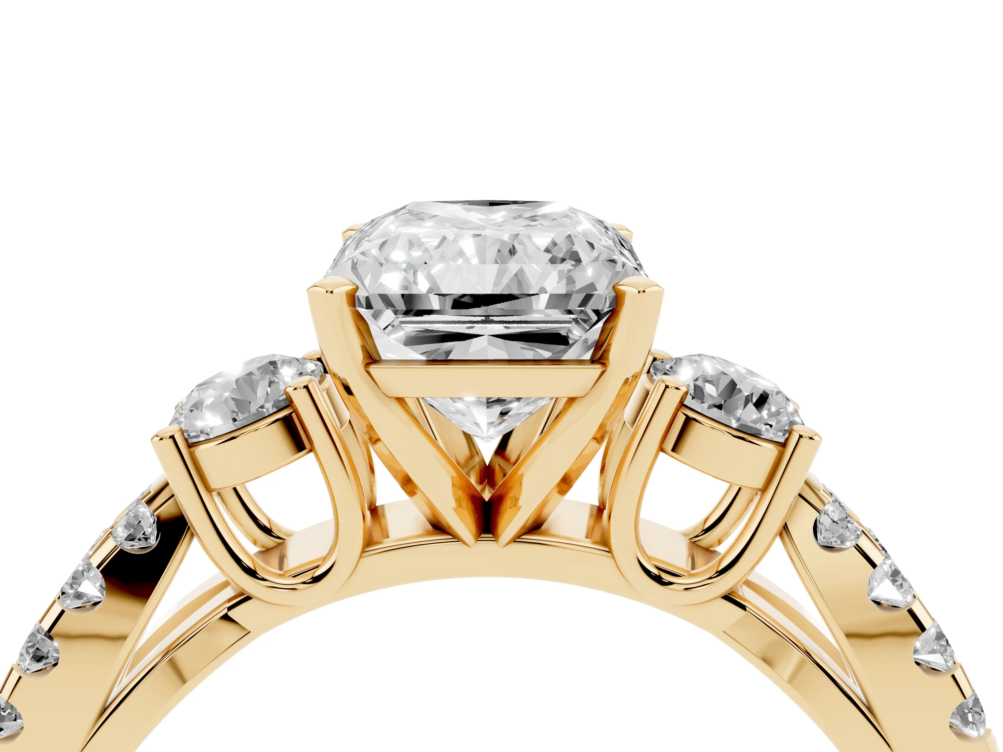 Radiant Cut Diamond Three-Stone Ring Set in Yellow gold with Pavé Split Shank and Prong Setting