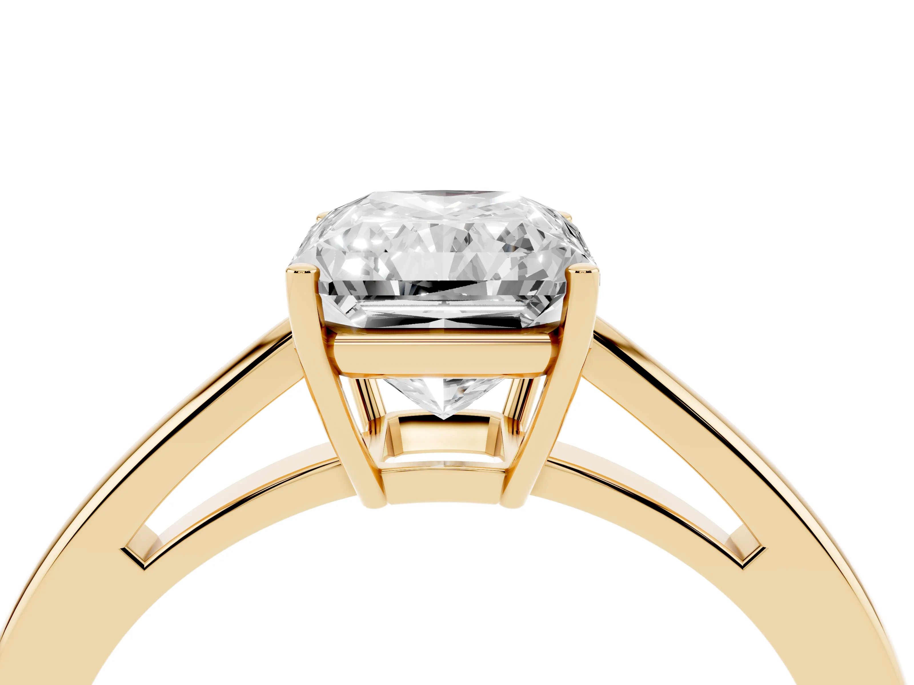 Radiant Cut Diamond Solitaire Ring Set in Yellow gold with Split Shank and Prong Setting
