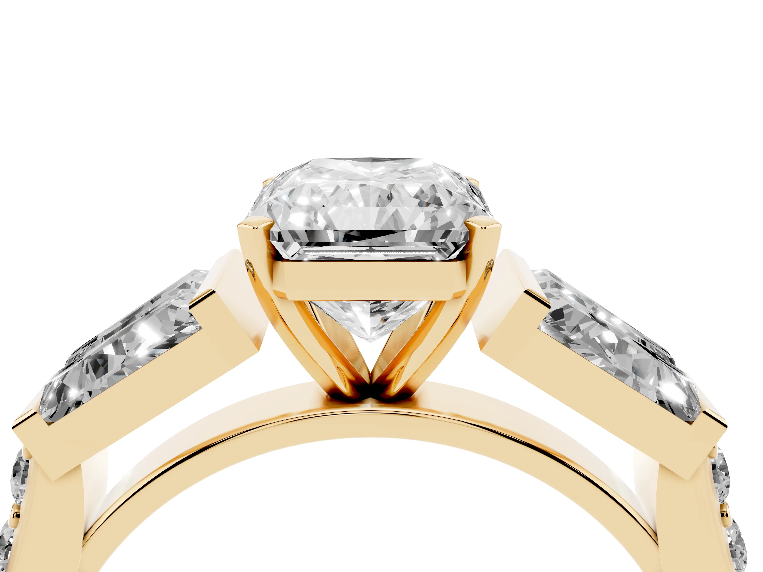 Radiant Cut Diamond Engagement Ring Set in Yellow gold with Baguette Side Stones and Channel Set Band