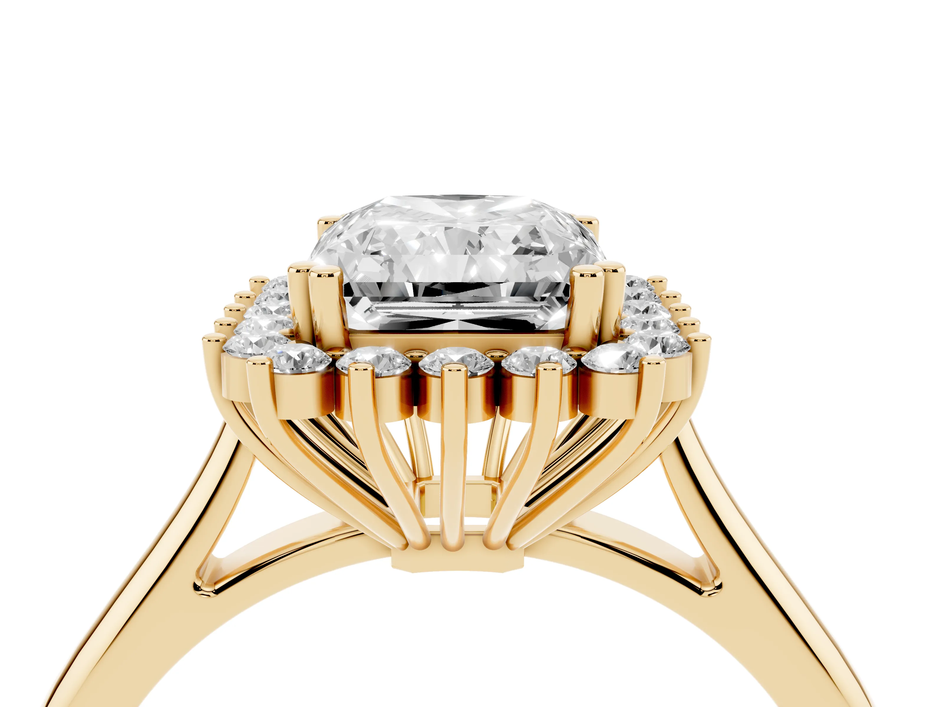 Radiant Cut Diamond Halo Ring Set in Yellow gold with Plain Solitaire Band and Prong Setting