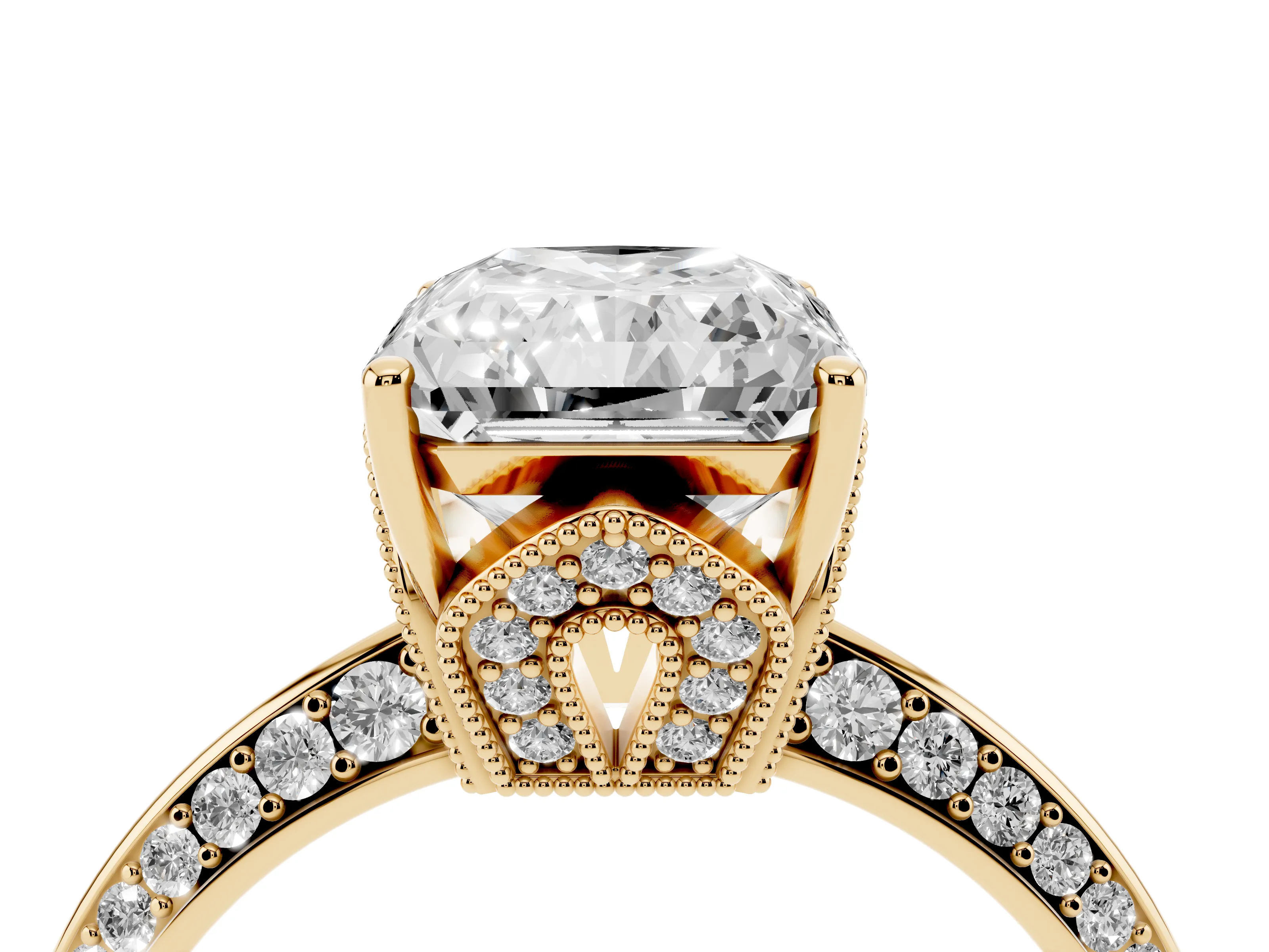 Radiant Cut Diamond Solitaire Engagement Ring Set in Yellow gold with Pavé Split Shank and Prong Setting