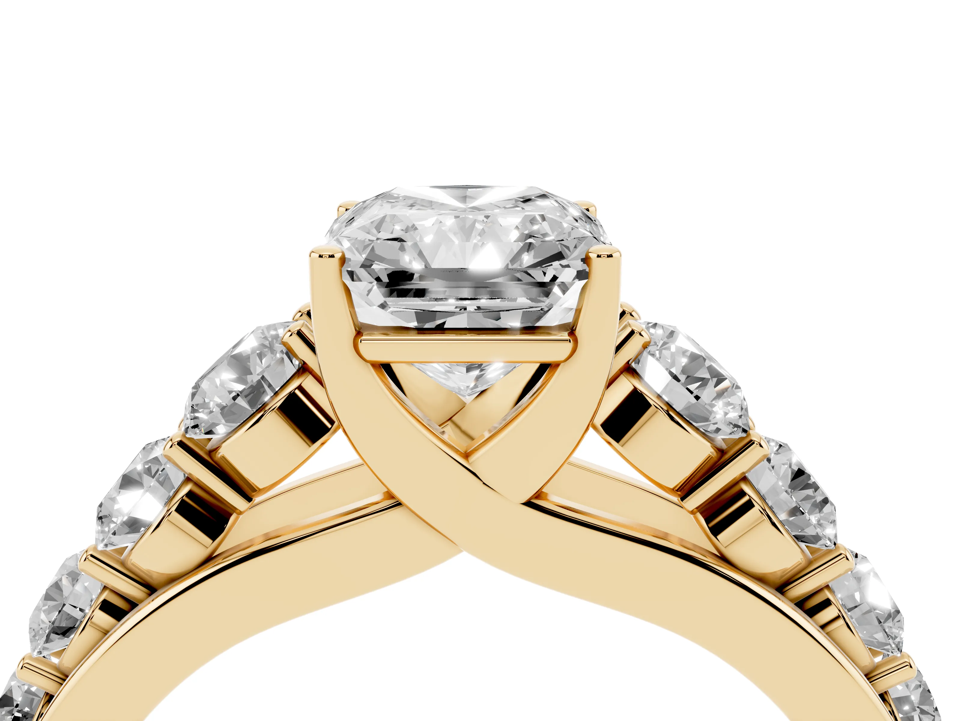 Radiant Cut Diamond Solitaire Ring Set in Yellow gold with Pavé-Set Band and Prong Setting
