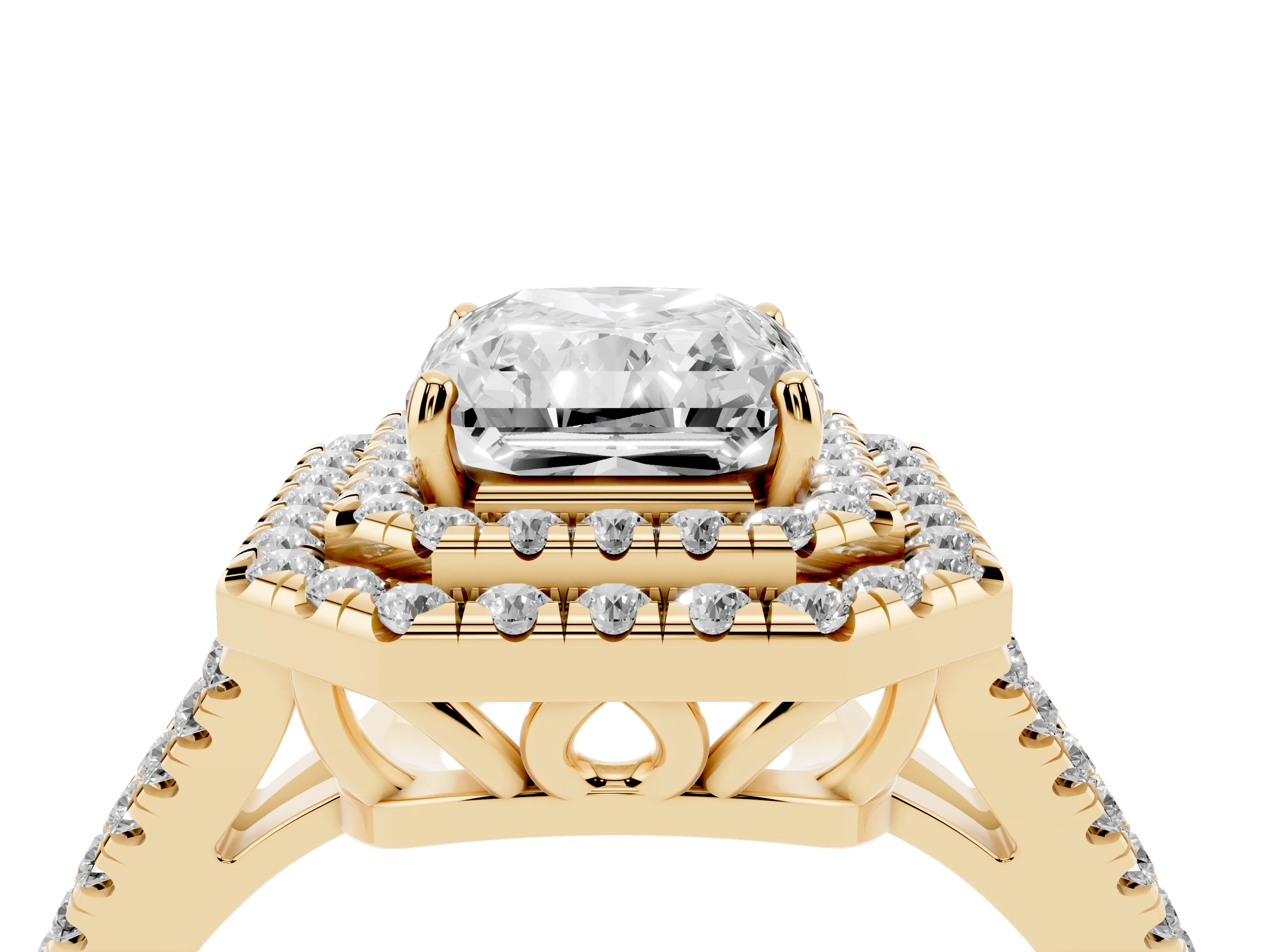 Radiant Cut Diamond Double Halo Ring Set in Yellow gold with Pavé Band