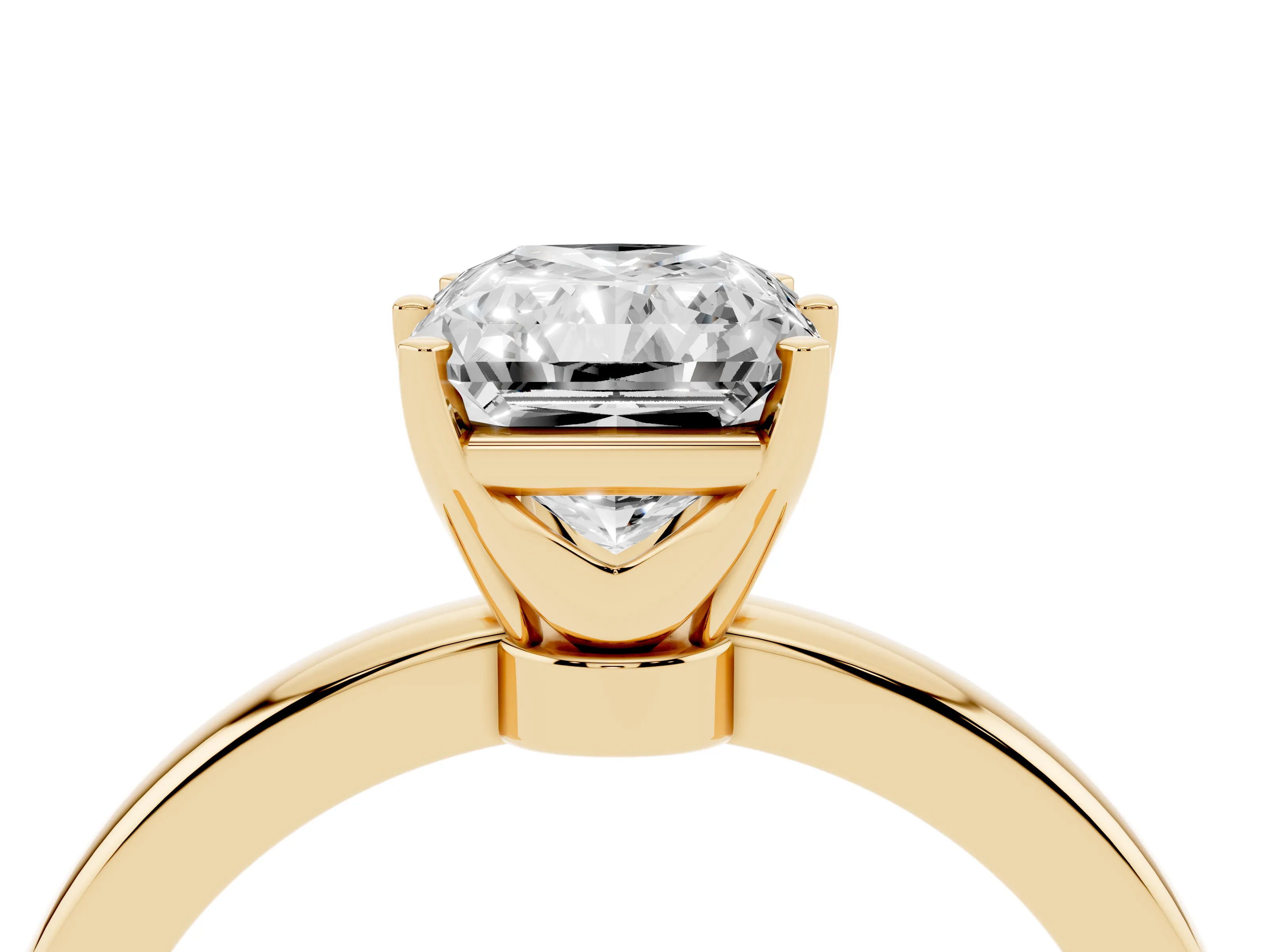 Radiant Cut Diamond Solitaire Ring Set in Yellow gold with Raised Prong Setting on a Classic Band