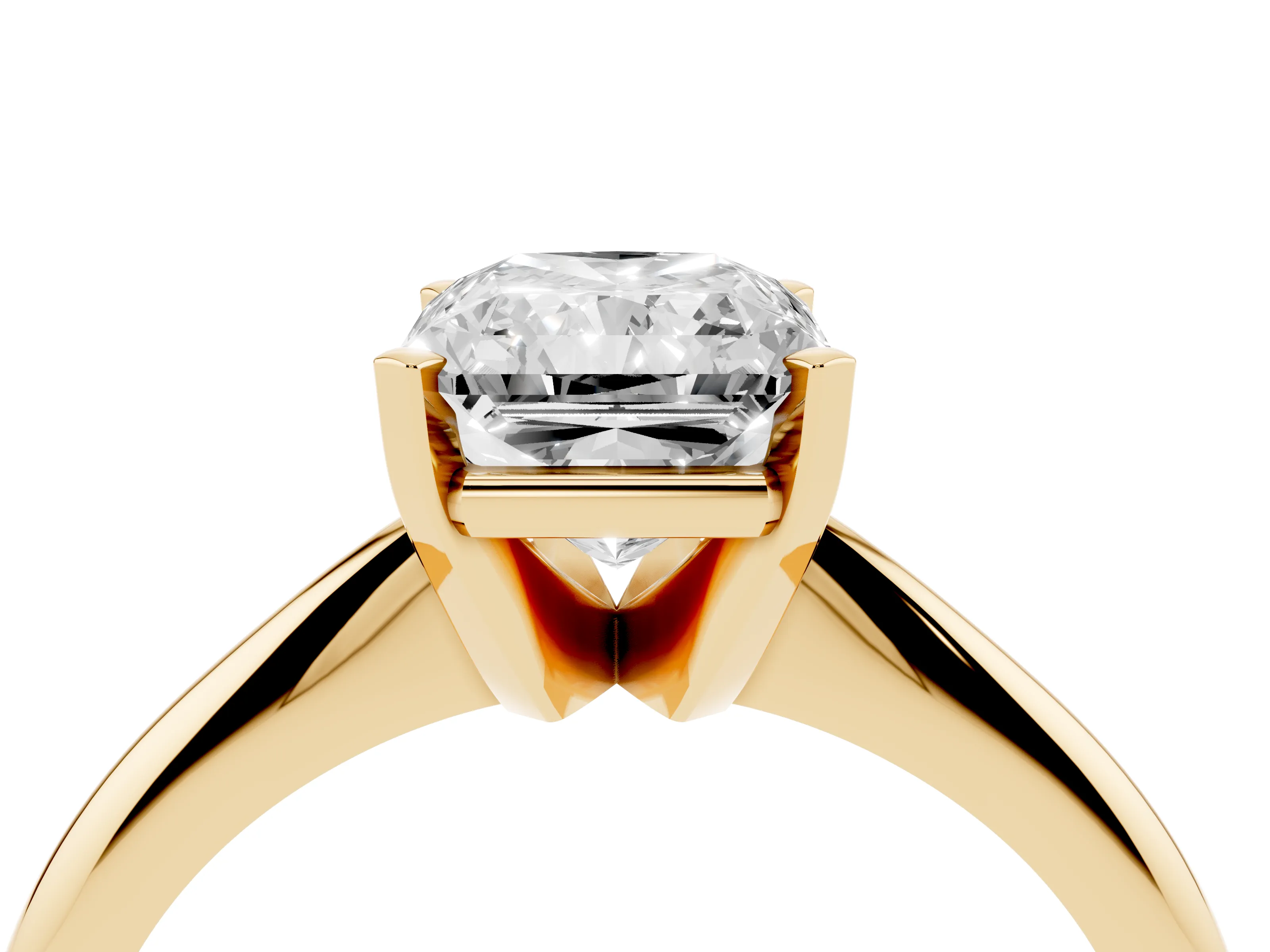Radiant Cut Diamond Solitaire Ring Set in Yellow gold with Prong Setting on a Plain Round Band