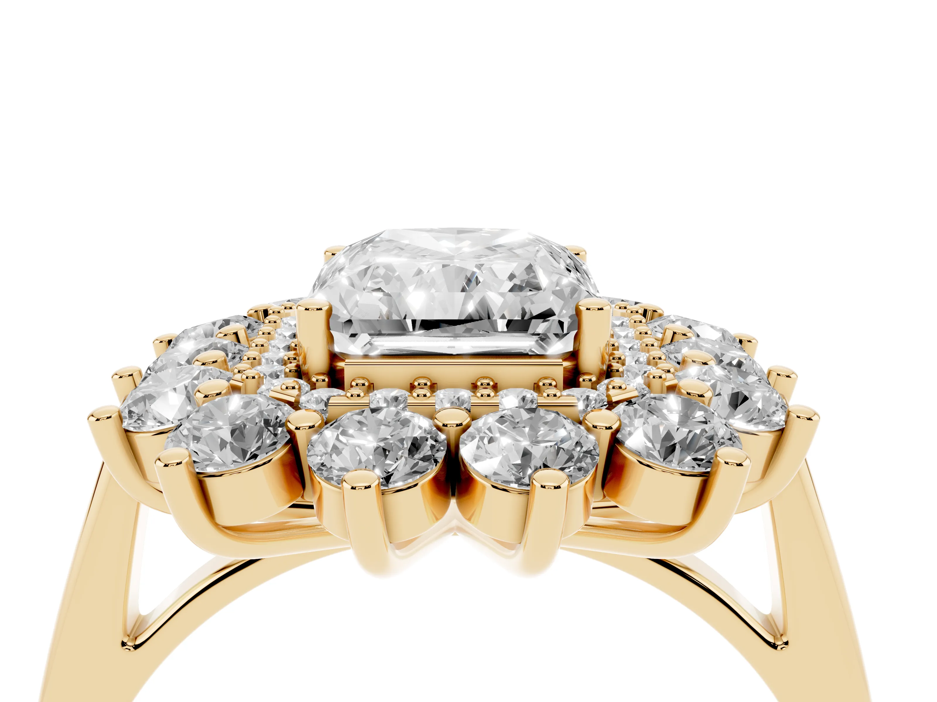 Radiant Cut Diamond Floral Double Halo Ring Set in Yellow gold with Round Petals