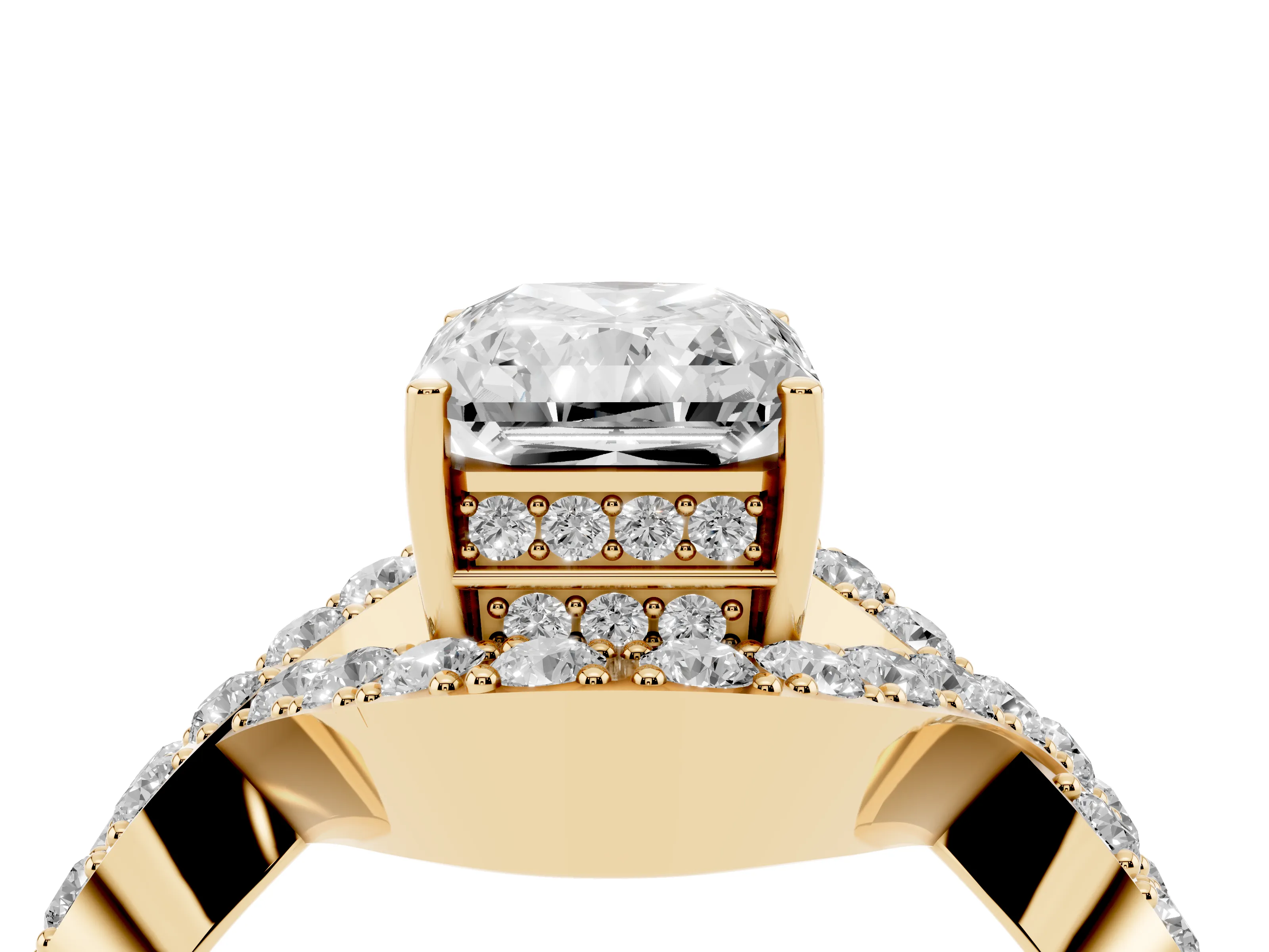 Radiant Cut Diamond Solitaire Twist Band Pavé Engagement Ring Set in Yellow gold