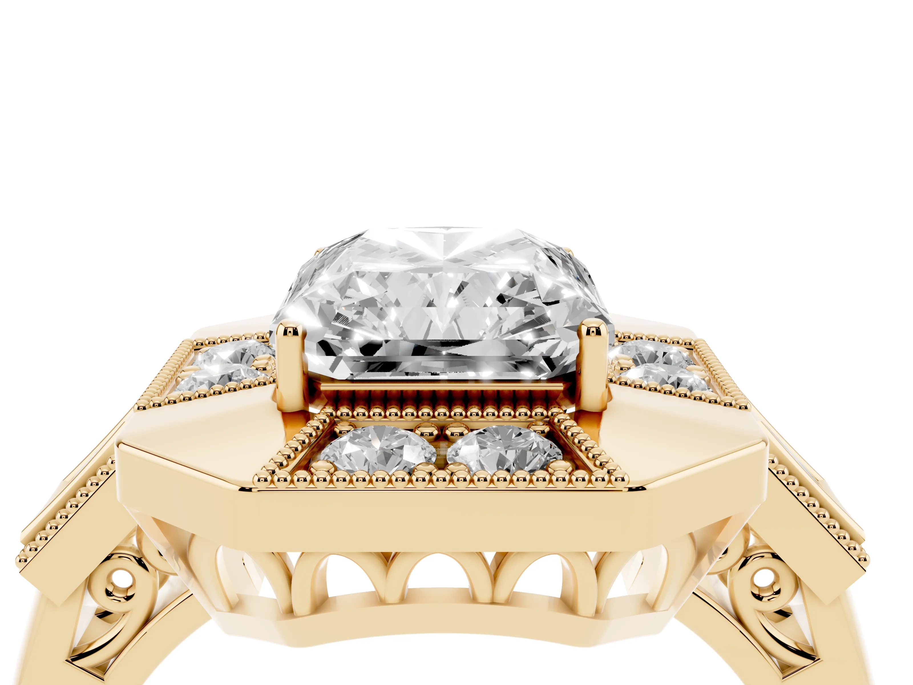 Radiant Cut Diamond Milgrain Halo Ring Set in Yellow gold with Split Shank