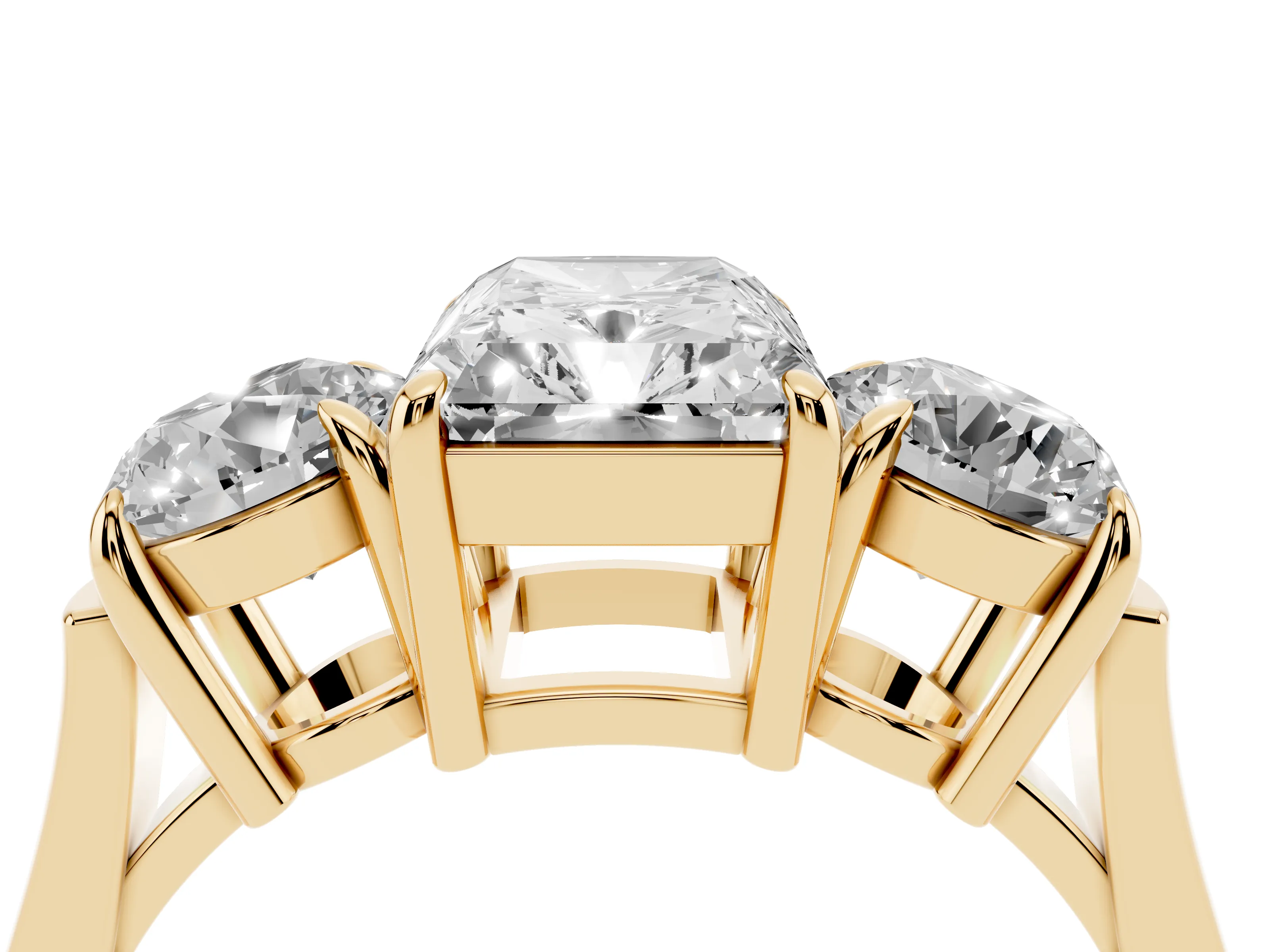 Radiant Cut Diamond Three-Stone Ring Set in Yellow gold with Round Accent Stones and Plain Band