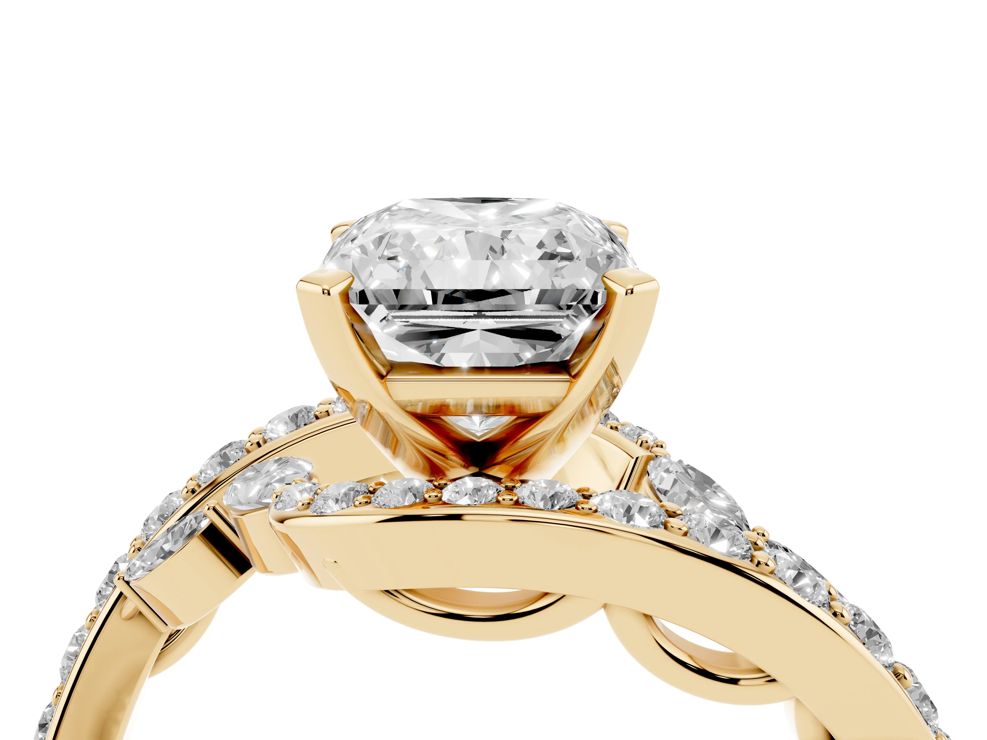 Radiant Cut Diamond Solitaire Ring Set in Yellow gold with Pavé Twist Band and Secure Prong Setting