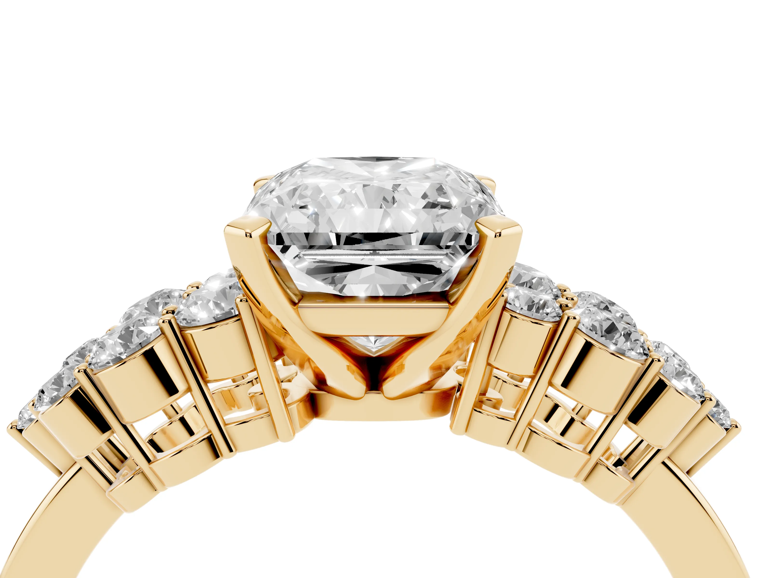 Radiant Cut Diamond Cluster Engagement Ring Set in Yellow gold with Pavé Band and Prong Setting