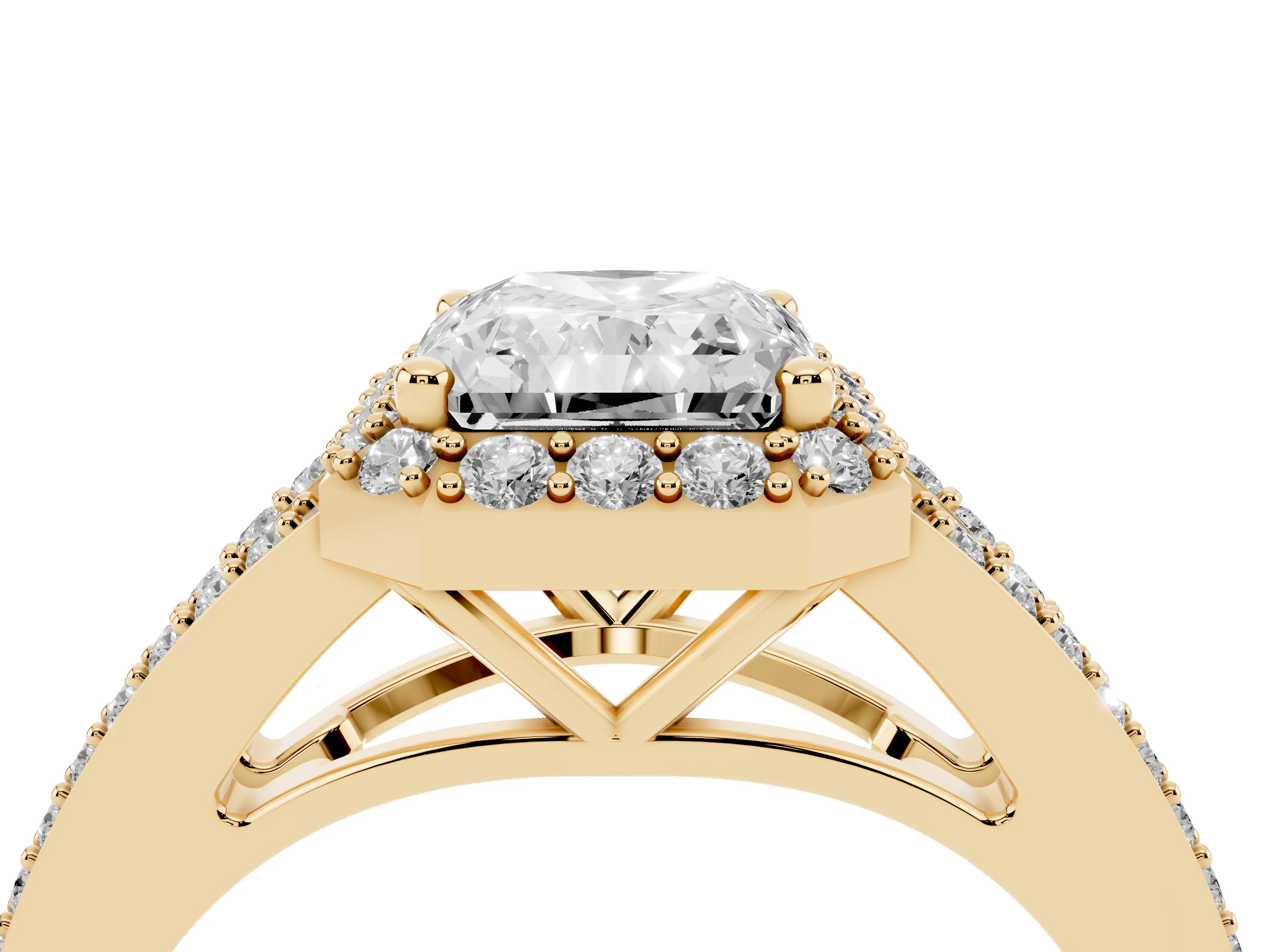 Radiant Cut Diamond Halo Split Shank Pavé Ring Set in Yellow gold with Prong Setting