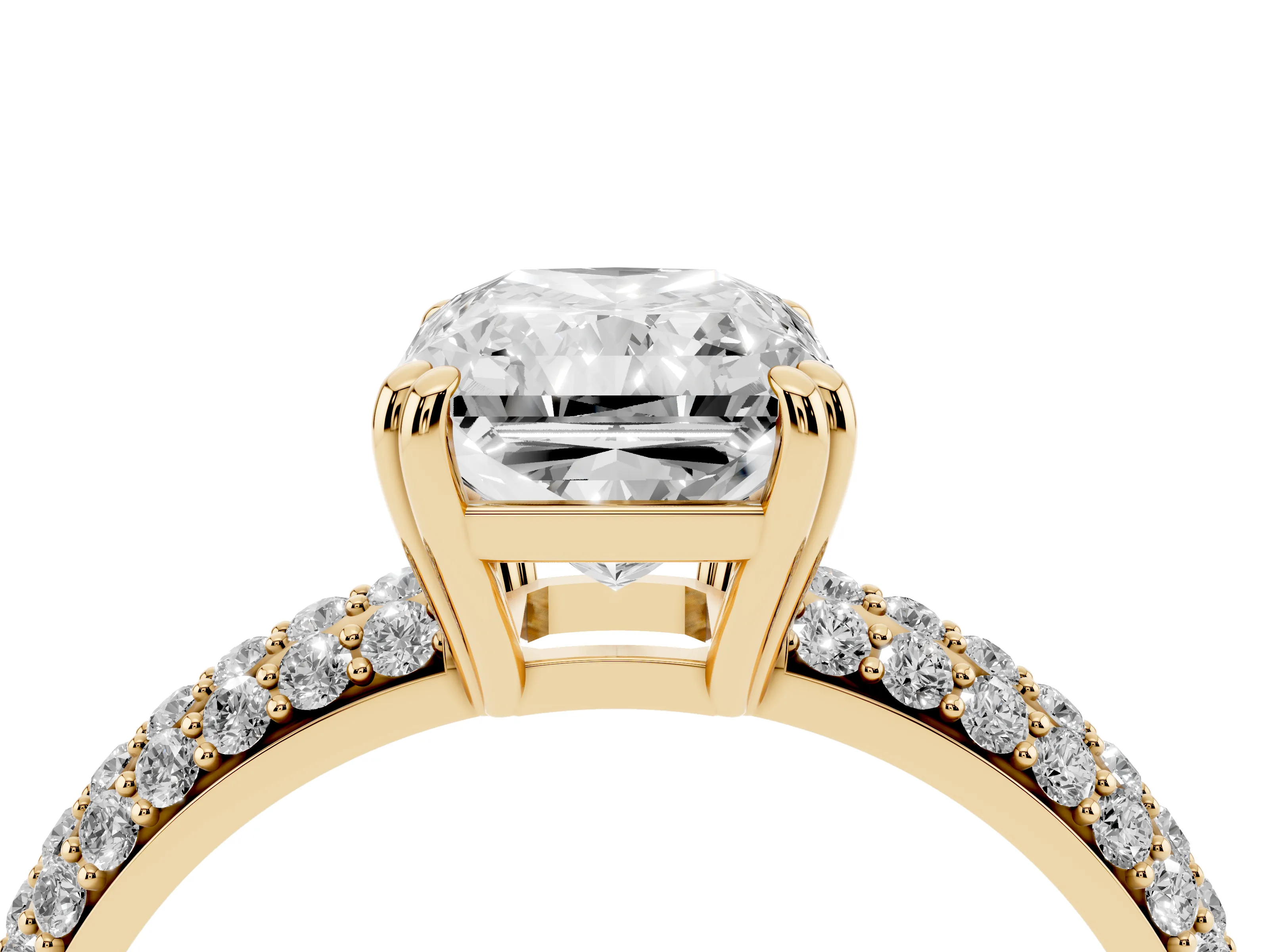 Radiant Cut Diamond Solitaire Ring Set in Yellow gold with Multi-Row Round Pavé Band and Prong Setting