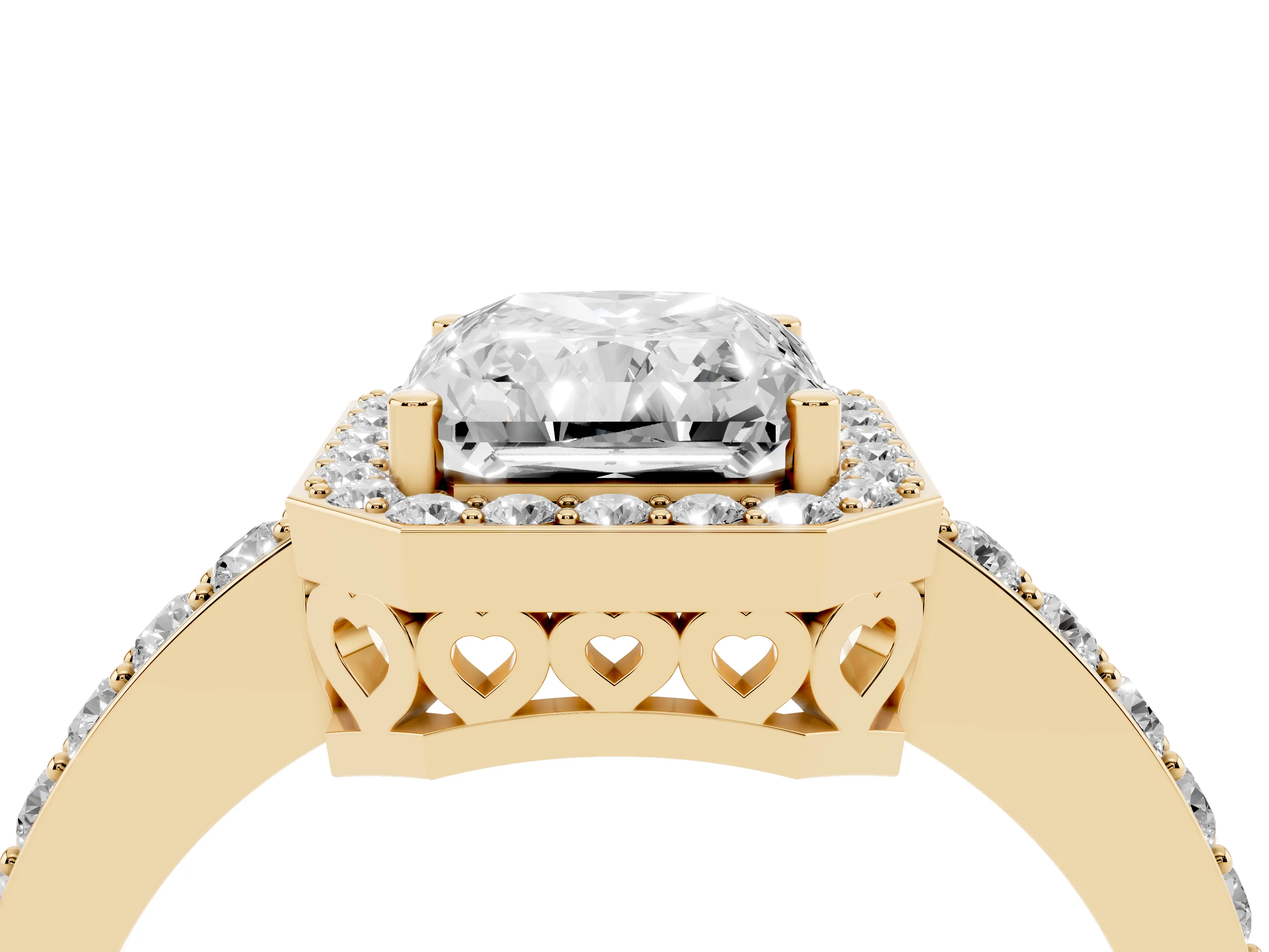 Radiant Cut Diamond Halo Ring Set in Yellow gold with Pavé-Setting Band and Open Prong Center