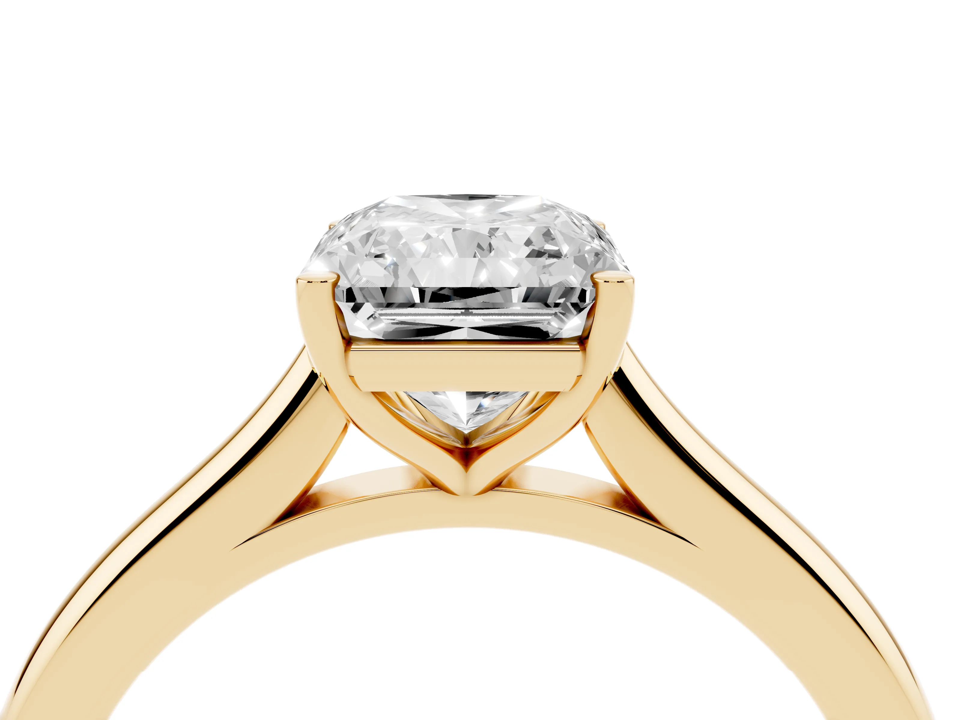 Radiant Cut Diamond Solitaire Ring Set in Yellow gold with Cathedral Band and Prong Setting
