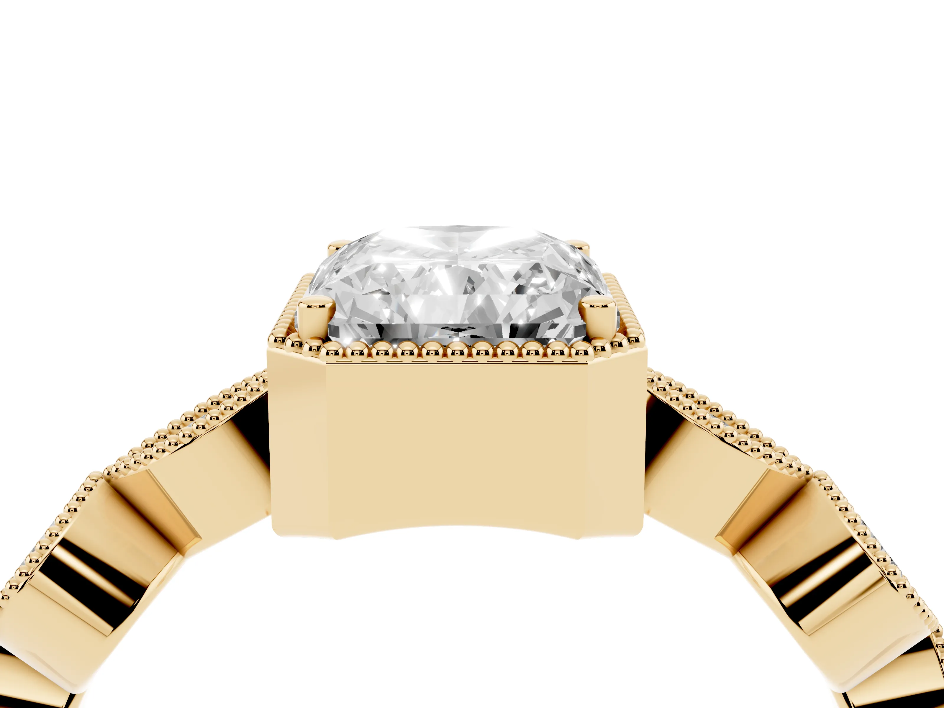 Radiant Cut Diamond Vintage-Inspired Milgrain Ring Set in Yellow gold with Marquise Stations of Round Accents