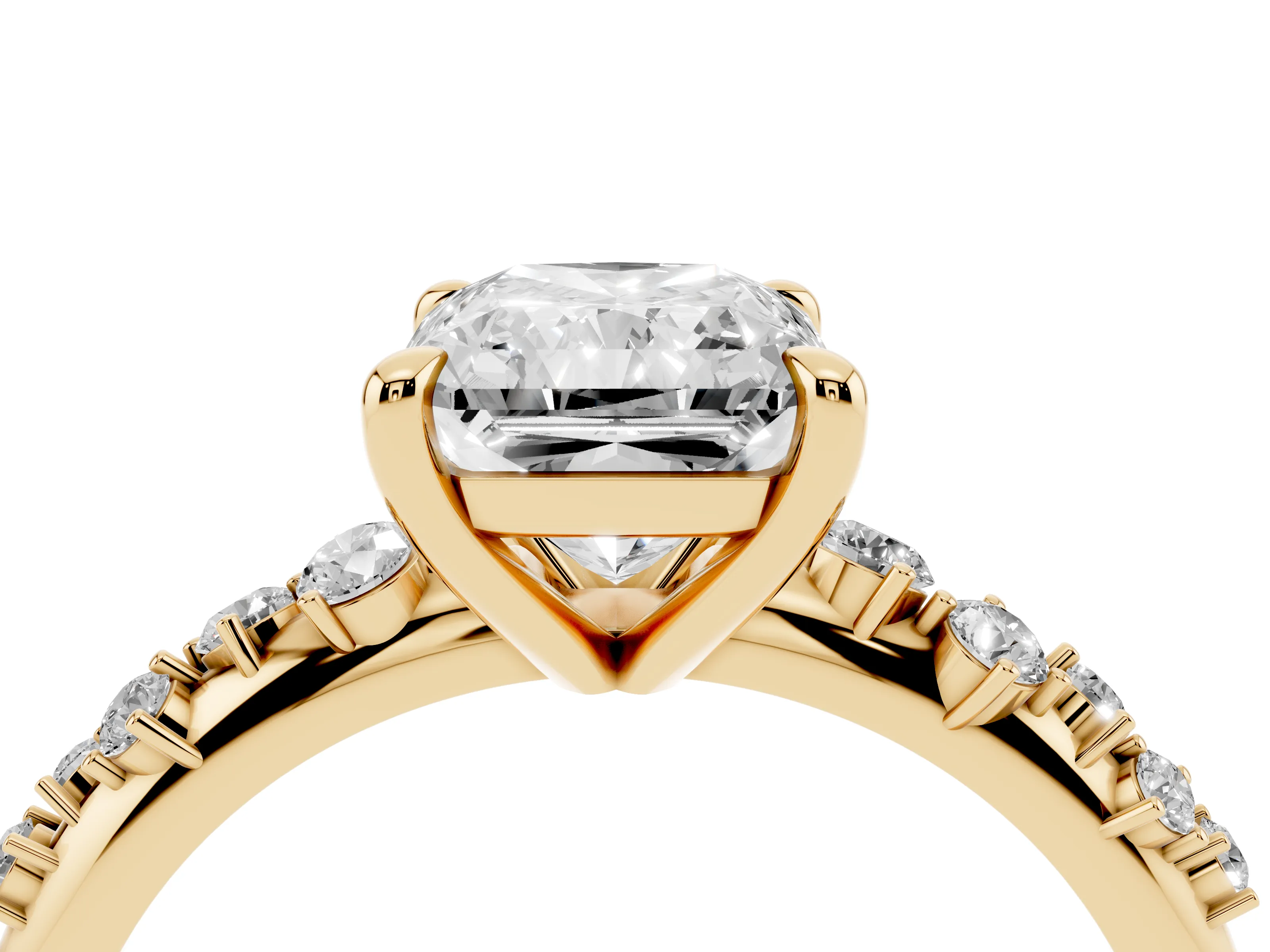 Radiant Cut Diamond Solitaire Vine Band Ring Set in Yellow gold with Round Accents and Prong Setting
