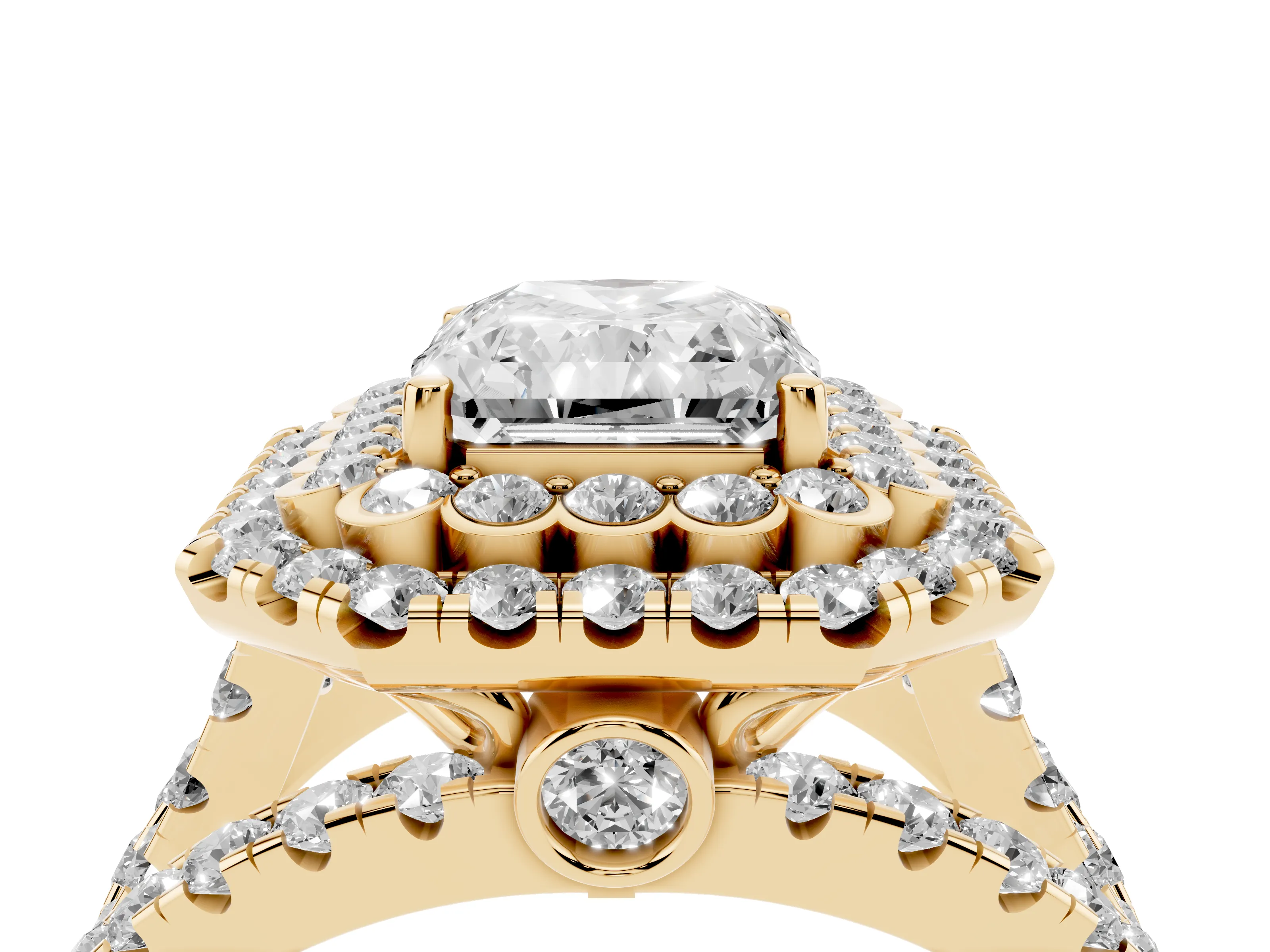 Radiant Cut Diamond Double Halo Ring Set in Yellow gold with Round Pavé Split Shank
