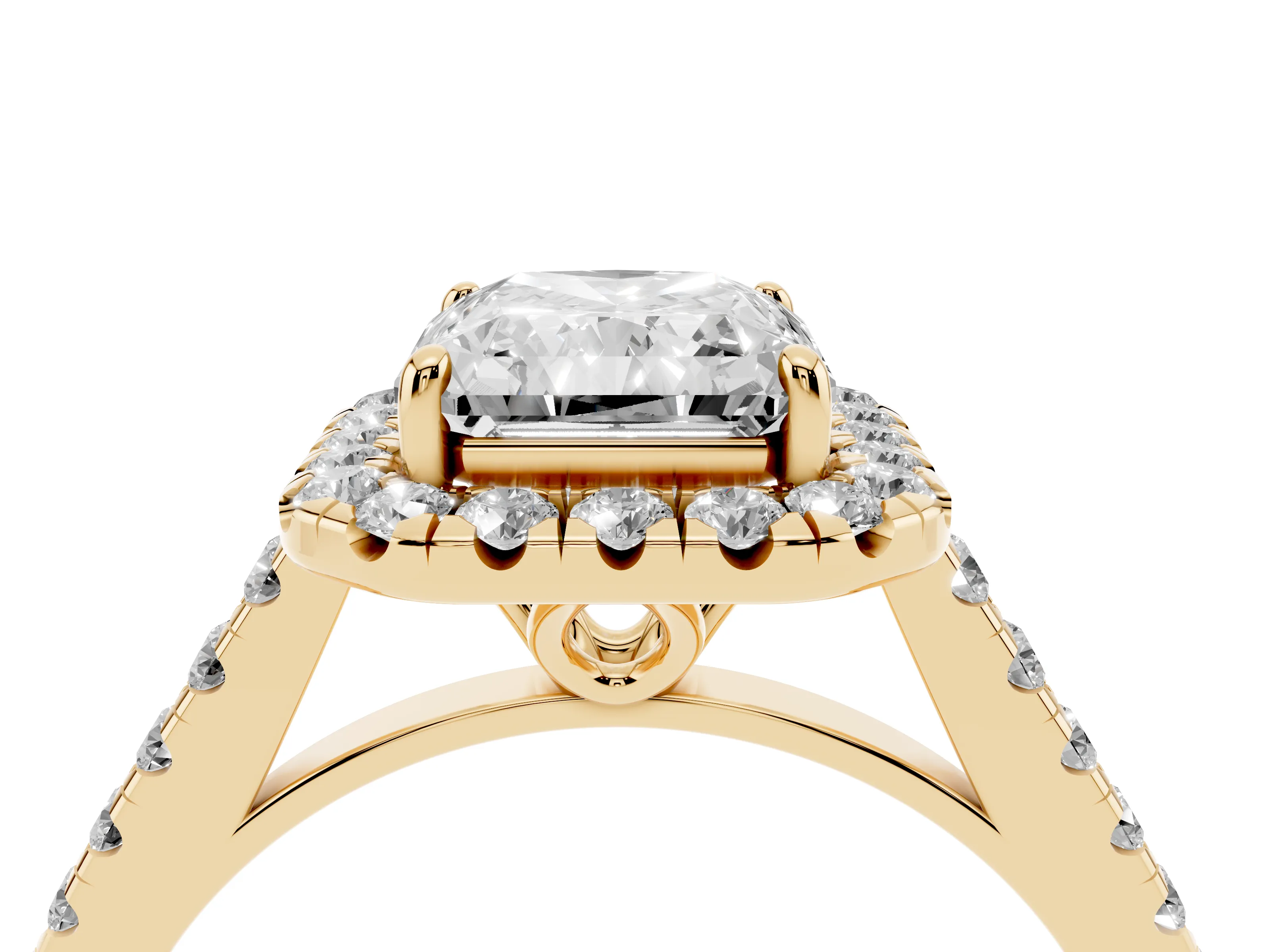 Radiant Cut Diamond Pavé Halo Engagement Ring Set in Yellow gold with Pavé Band and Prong Setting
