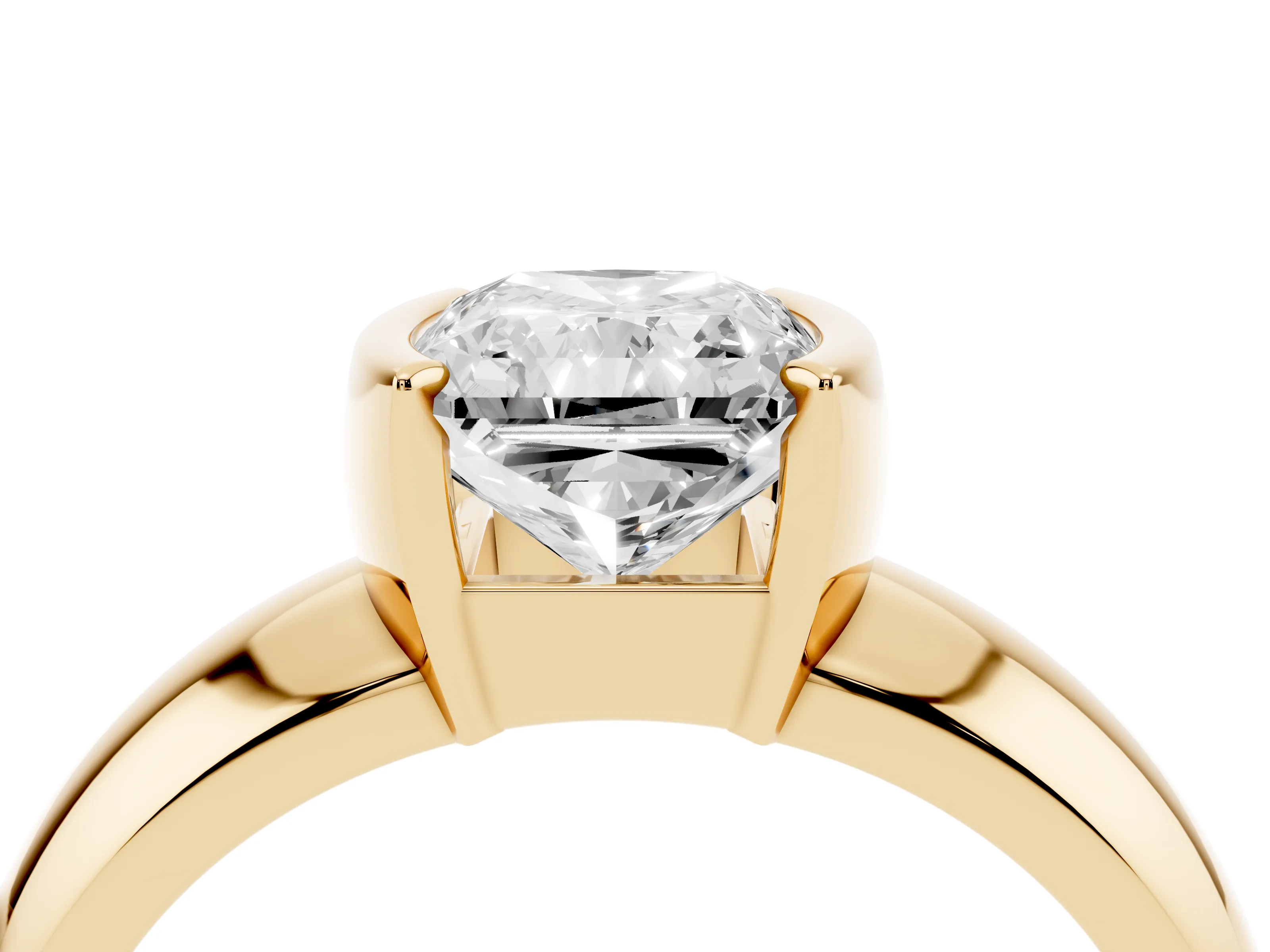 Radiant Cut Diamond Solitaire Tension Set Ring Set in Yellow gold with Wide Band