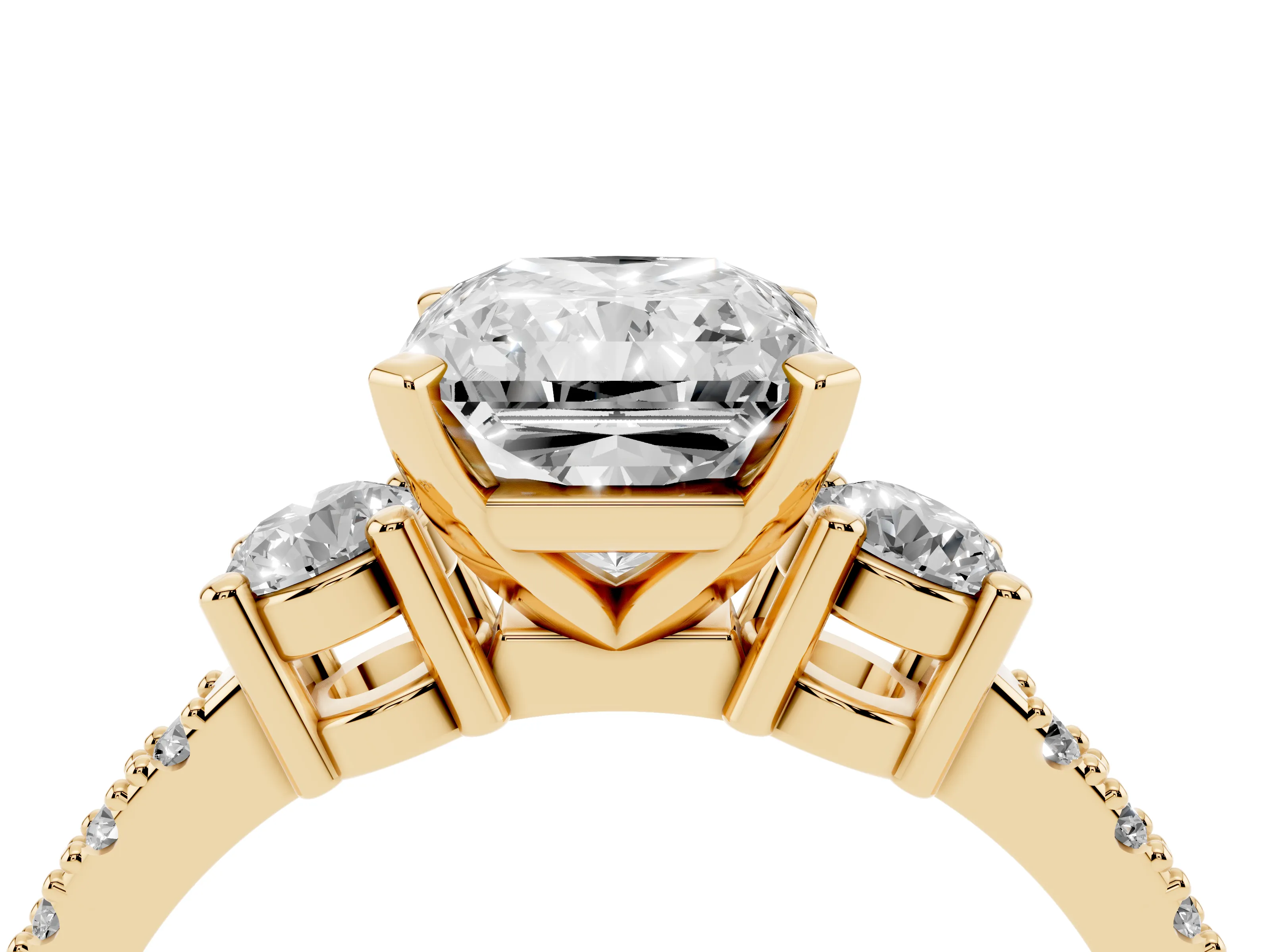 Three-Stone Radiant Cut Diamond Pavé Band Ring Set in Yellow gold with Prong Setting