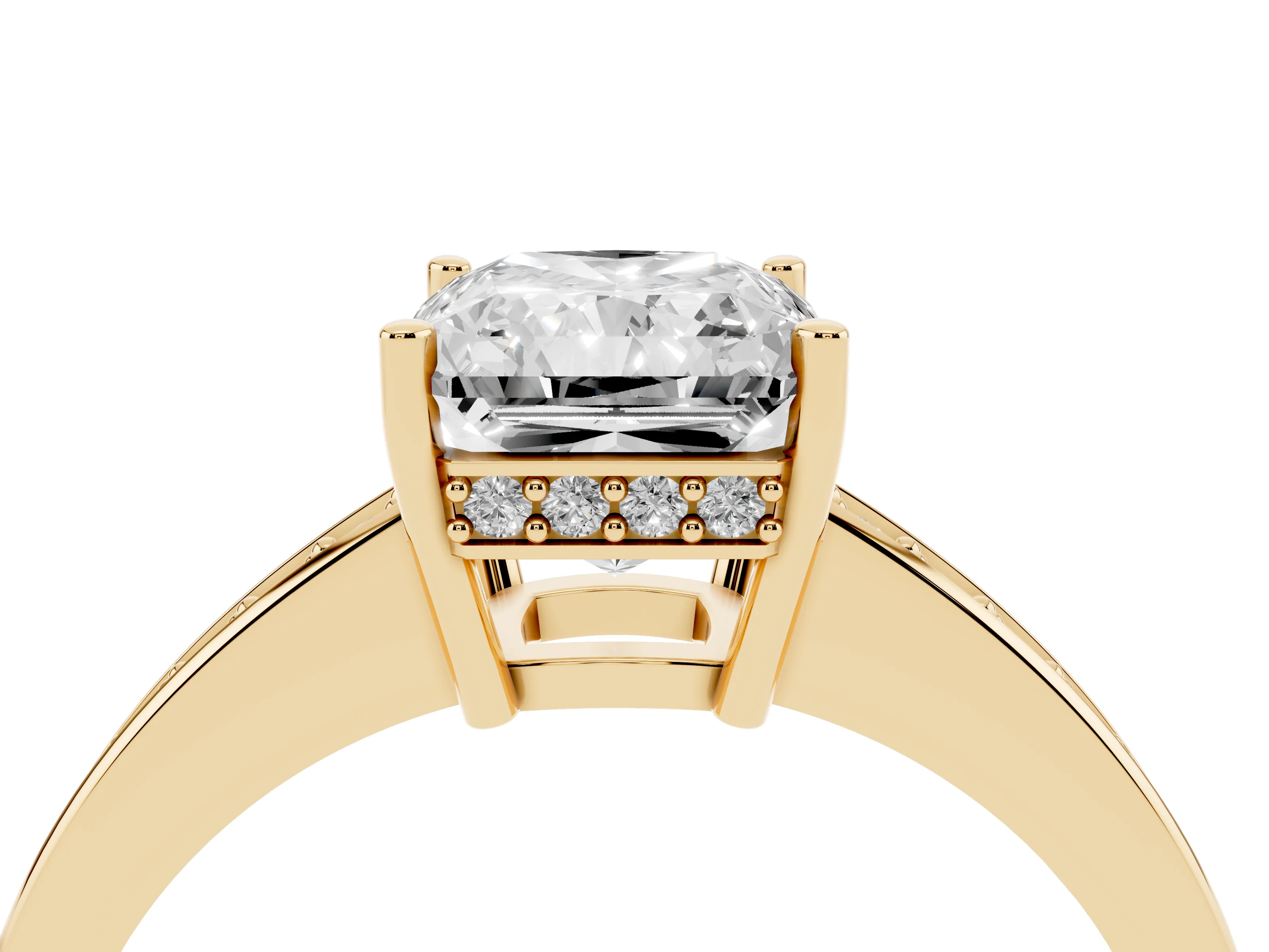 Radiant Cut Diamond Pavé Band Prong Set Solitaire Ring Set in Yellow gold