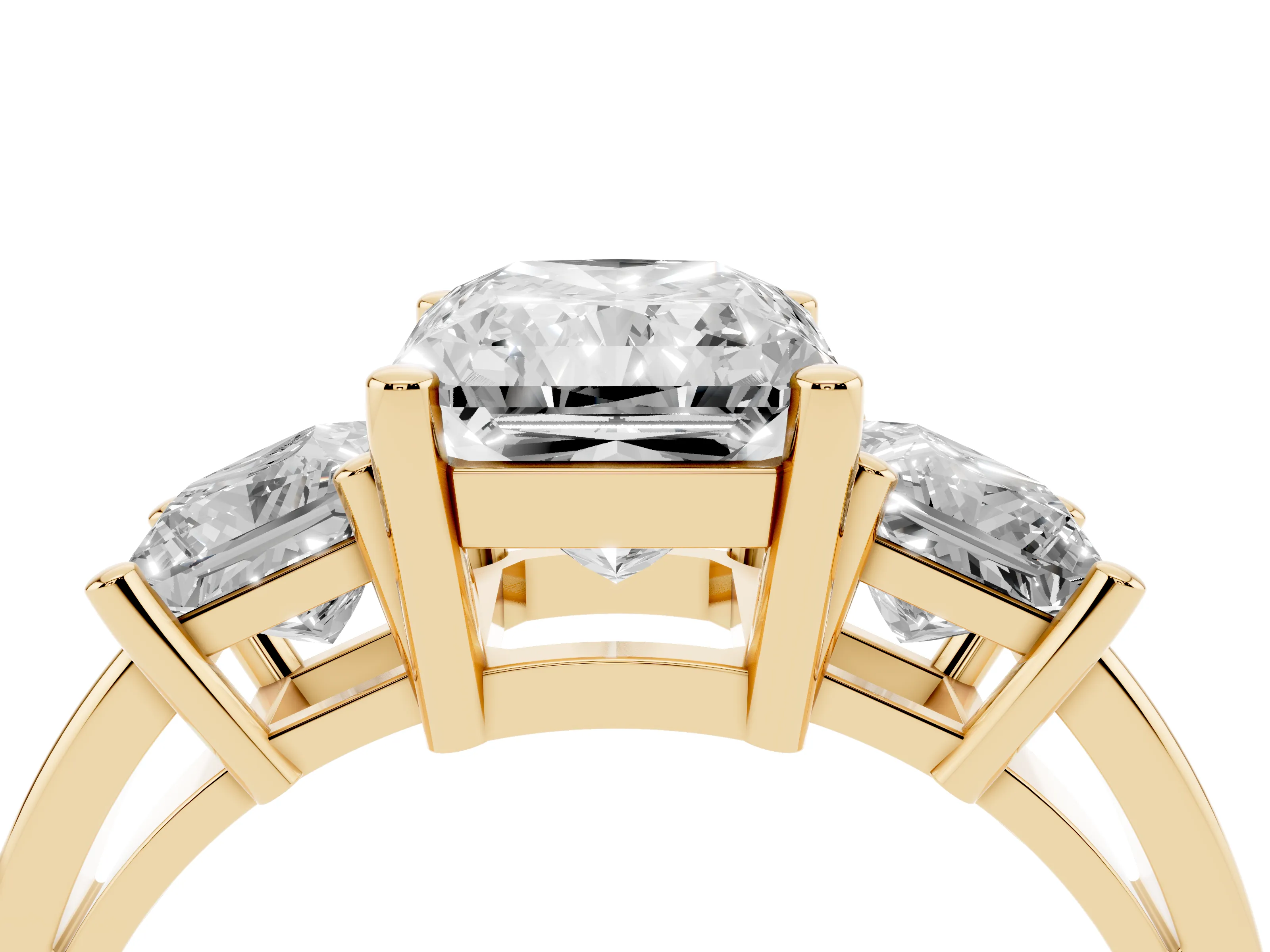 Three-Stone Radiant Cut Diamond Solitaire Ring Set in Yellow gold with Prong Setting