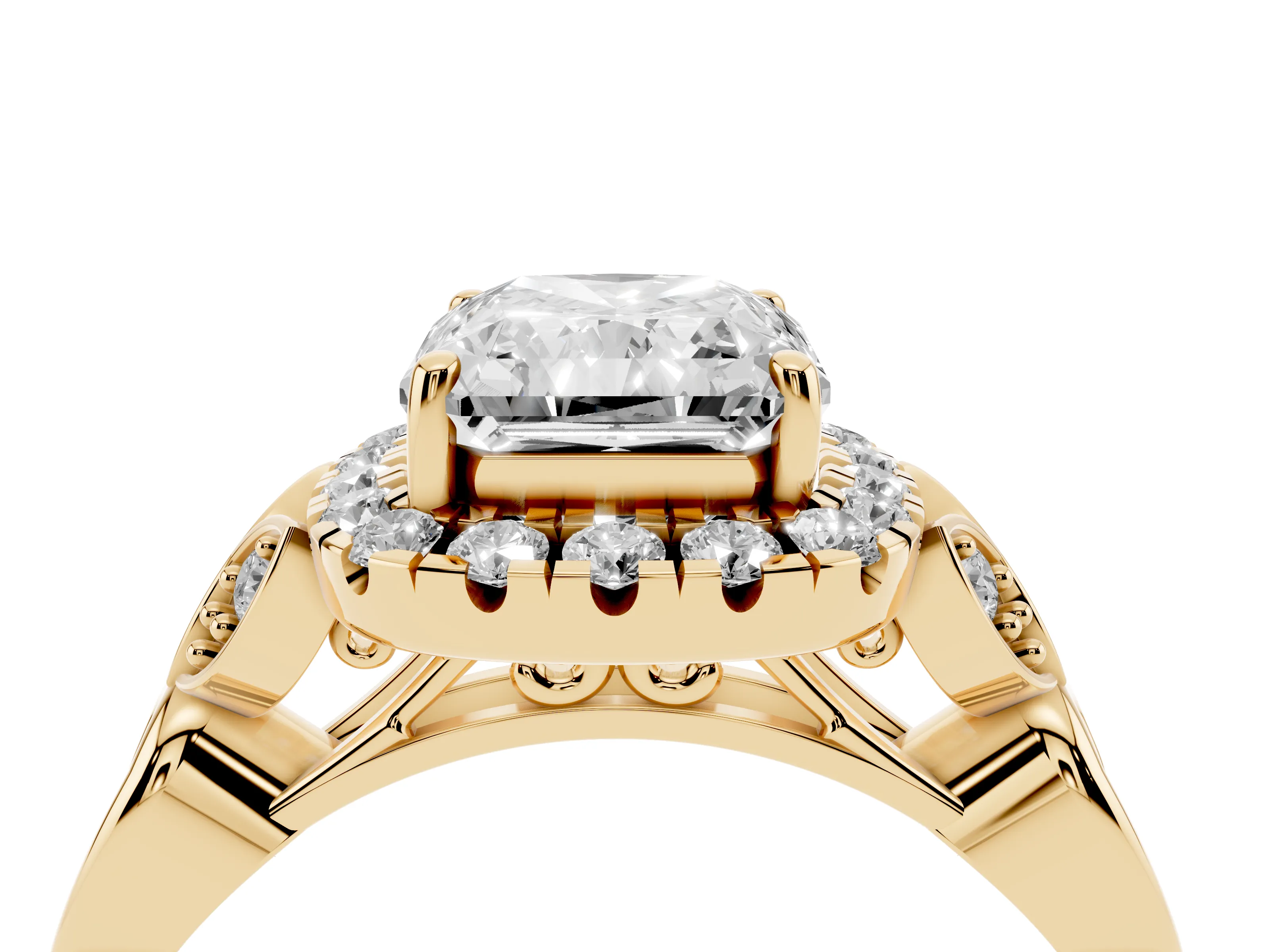 Radiant Cut Diamond Halo Engagement Ring Set in Yellow gold with Vintage-Inspired Band and Prong Setting